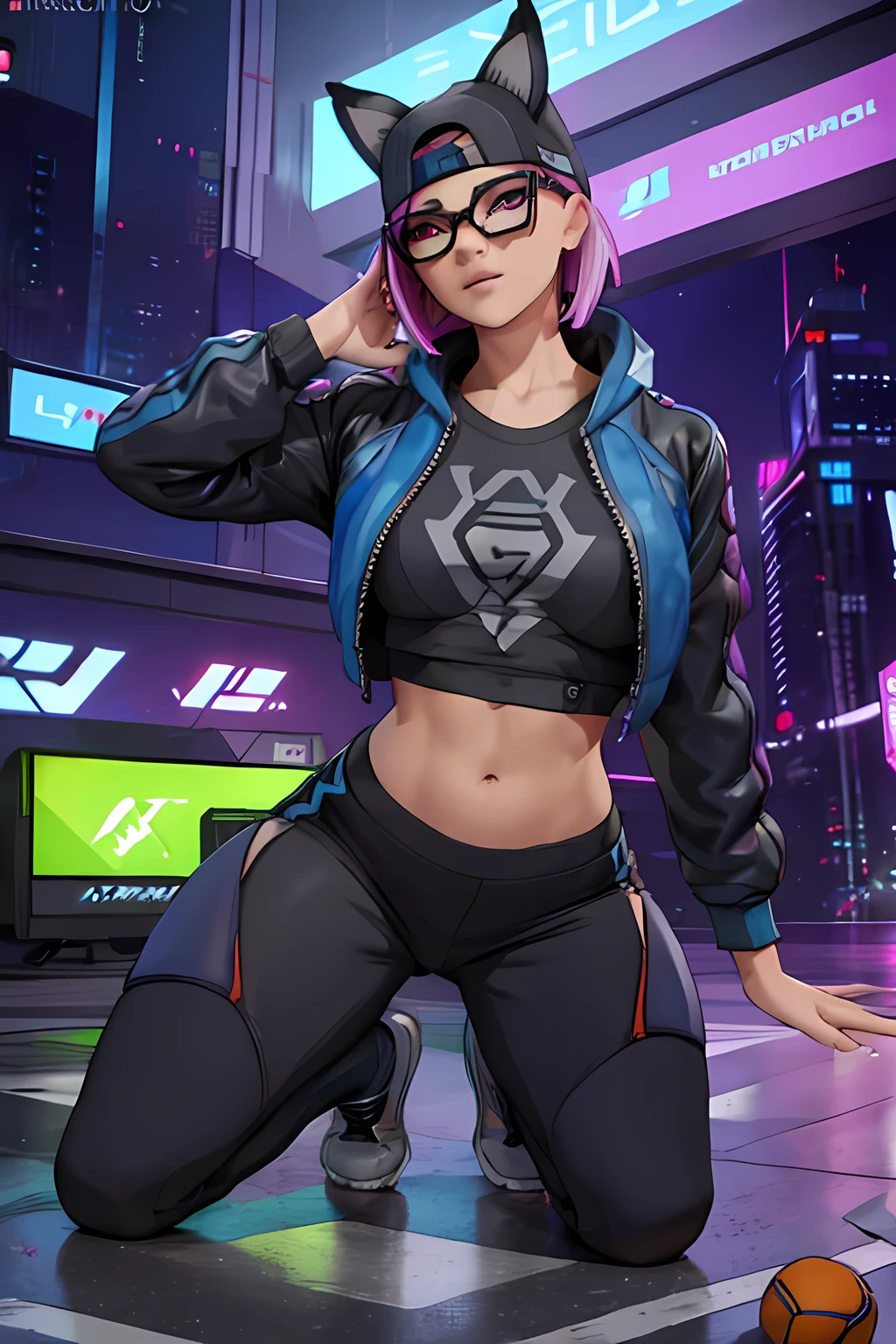 Lynx , sentada, cyberpunk Noche , jogger pants , chaqueta Gris y Azul,Extremadamente detallado, rostro detallado, gafas,pies ,hermoso rostro, ojos finos, mirando al espectador, pose femenino