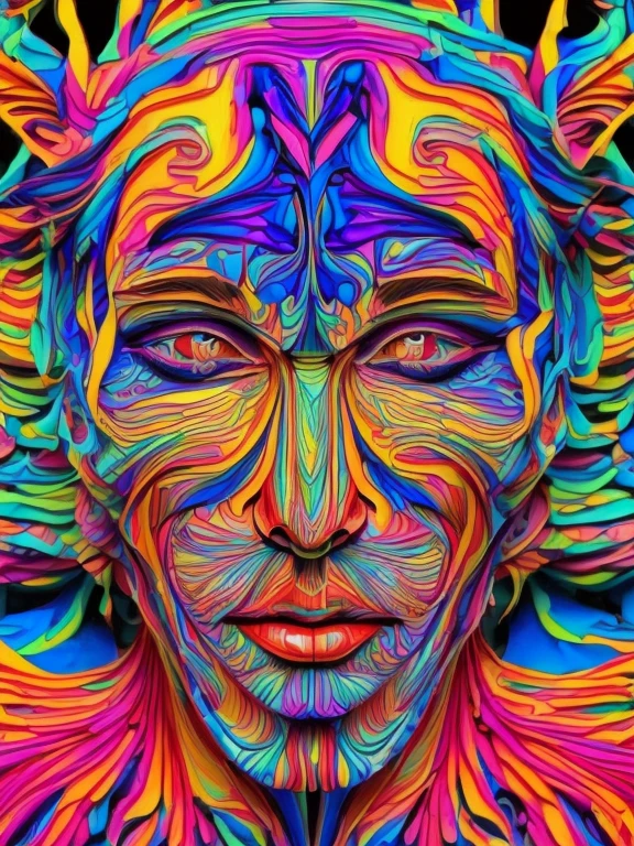 (a person with features distorting and melting into vibrant, abstract patterns),(artistic indoor setup),(photoshop post-processing to exaggerate features and colors),(melting face),(animated),(trippy),(surreal),(vibrant),(abstract),(psychedelic),(fluidity),(conceptual),(psychedelic art)
