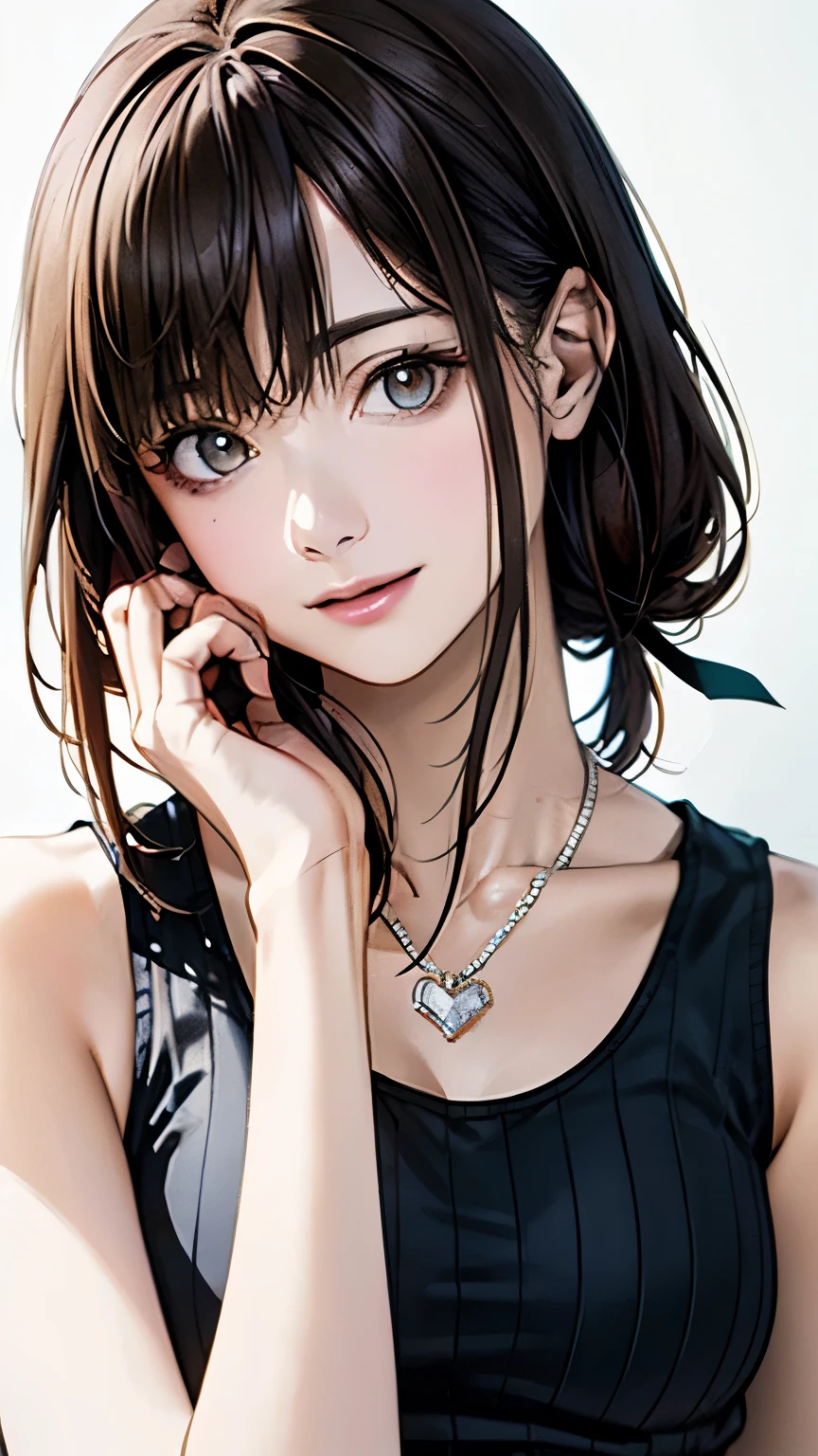(highest quality、8k、32K、masterpiece)、(realistic)、(Photoreal:1.2)、(High resolution)、Super detailed、very beautiful face and eyes、1 girl、round and small face、thin waist、delicate body、(close、highest quality、high detail、rich skin details)、(highest quality、8k、oil paint:1.2)、Super detailed、(realistic、realistic:1.37)、bright colors、(((brown hair)))、(((bust shot)))、(((medium hair)))、(((pure white wall background)))、(((pure white wall background)))、(((White and gray stripes々wear a tank top)))、(((laughing)))、(((I&#39;m wearing a horizontal striped tank top)))、(((look straight ahead)))、(((brown hair)))、(((wearing a heart necklace)))、(((She is wearing a white and gray striped tank top)))、(((her hair is tied up with a yellow ribbon)))、(((Raising hands)))