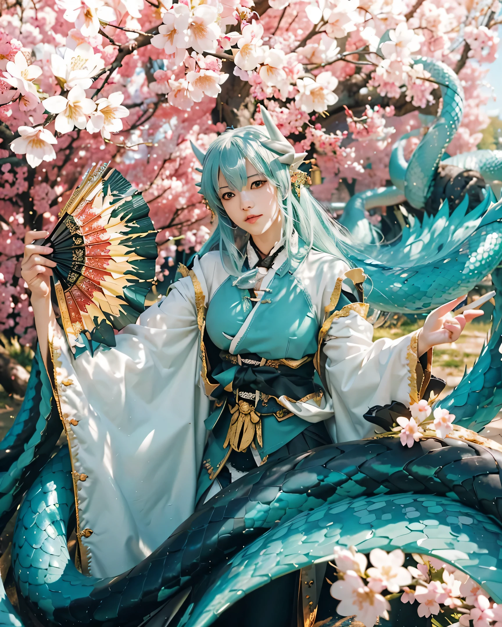 (KIYOHIME_FATE GRAND ORDER),((realistic, photorealistic)),(highlight hair)), Light reflection, (( HD )),((upper body)), (((best quality, masterpiece))), (masterpiece) (best quality) (detail) (8k) (HDR) (wallpaper) (cinematic lighting) (sharp focuasterpiece, best quality: 1.1), Real life adaption of this character, Asian teen beauty face, Shining Purple eyes, realistic outfit, realistic shadow, realistic light, realism, hyper realistic, realistic background,(photorealistic:1.2), 1girls,Background of cherry blossom trees, dragon snake coiled body, dragon snake scales, holding fan kiyohime Fate Grand order,Sakura foreground blur, smoke spirit mist, glowing fan, glowing dragon snake eyes, detailed dragon snake head, flying cherry blossoms,Motion blur of coiled snake, Motion blur of cherry blossoms flying,Scales coming off, blurred background,Holding his dragon's head, horned,