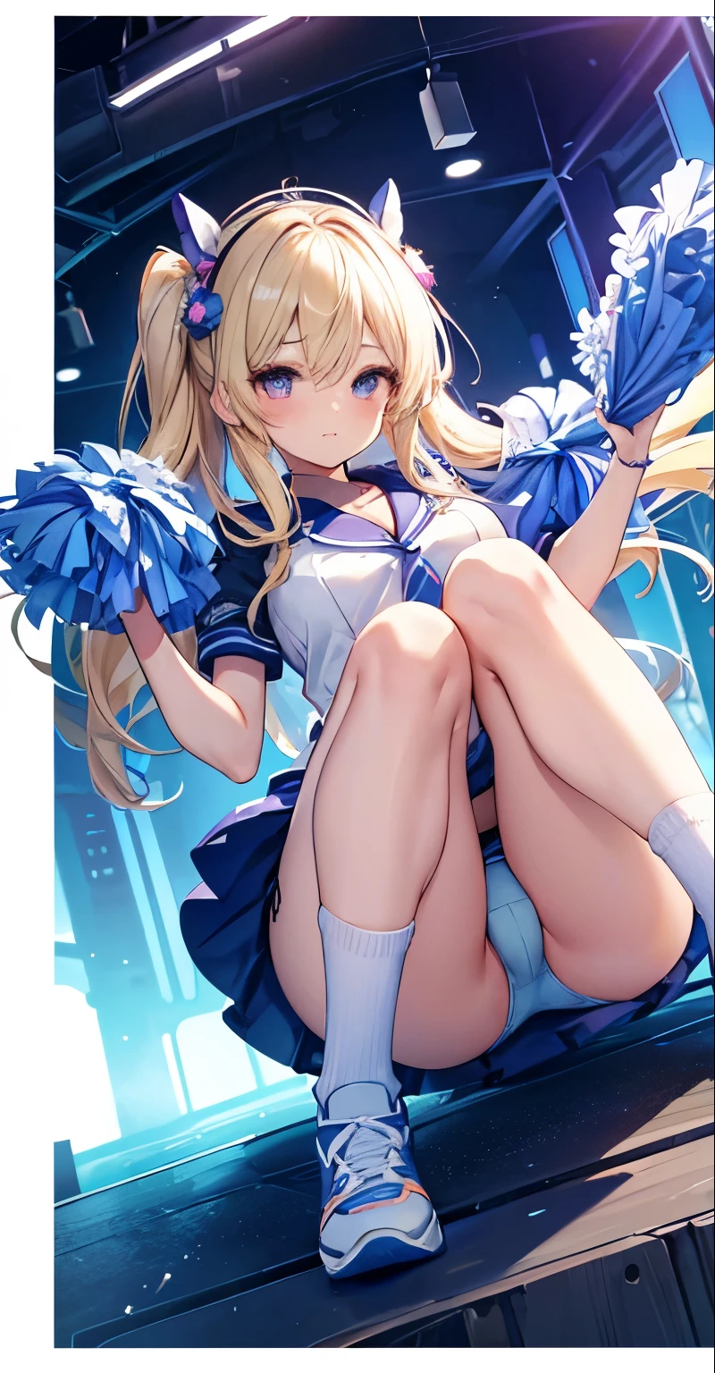 (Best Quality:1.3)、1girl asia、a miniskirt、Crouching、Cinderella、Cute anime illustration、,wearing cheerleading uniform,spreading her legs,showing detailed panties,race panties,focus panties,front view,dynamic angle,pov,cowgirl position,sexual position,having sex