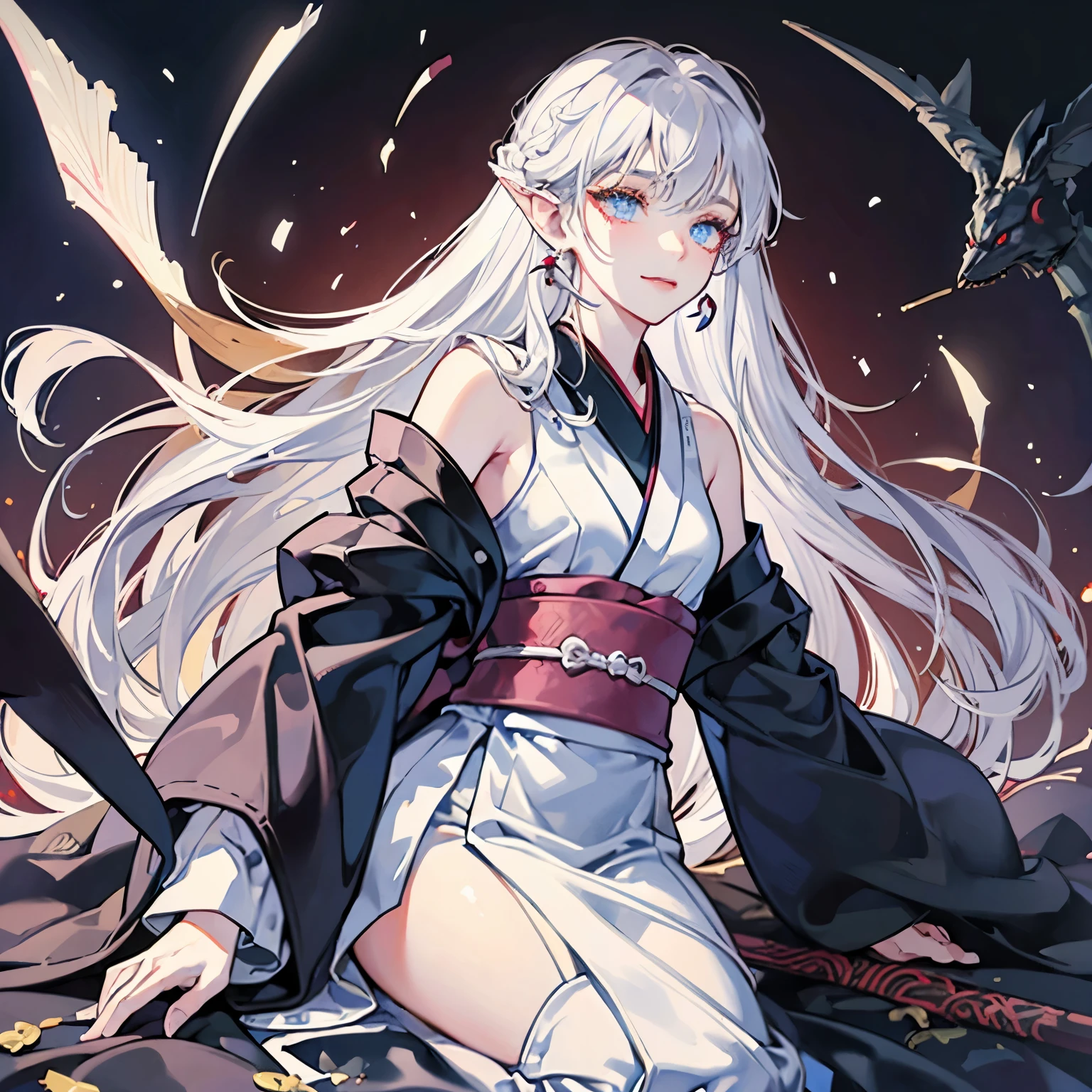 male, man, 1other, distinct_image, high_resolution, heavy_arm, high_quality_anime, hyper_detail, thickwaist, a_mixed_race_of_white_blood, Chaotic_Evil, long_fingers, parted_bangs, samurai, face, cheek, chin, medium_face, sharp_face, white_hair, absurdly_long_hair, straight_hair, Eyes, Eyebrow, Eyelashes, long_eyelashes, heavy_eyebrow, glowing_pupils, flaming_pupils, lips, thin_lips, small_mouth, open_mouth, mouth, ears, earlobes, long_ears, male, long_eyes, verytall, long_eyebrow, thick_abs, medium_ass, white_skin, heavy_arm, pointed_elbow, long_hand, Odd_Eye, slender_hand, slender_wrist, slender_fingers, long_nail, long_leg, thick_leg, thick_thigh, hanten, Magatama_earrings, easygoing_face, Giddy_face, pretentious_face, smiling_face, joyful_face, Happy_face, gown, kimono, 1other