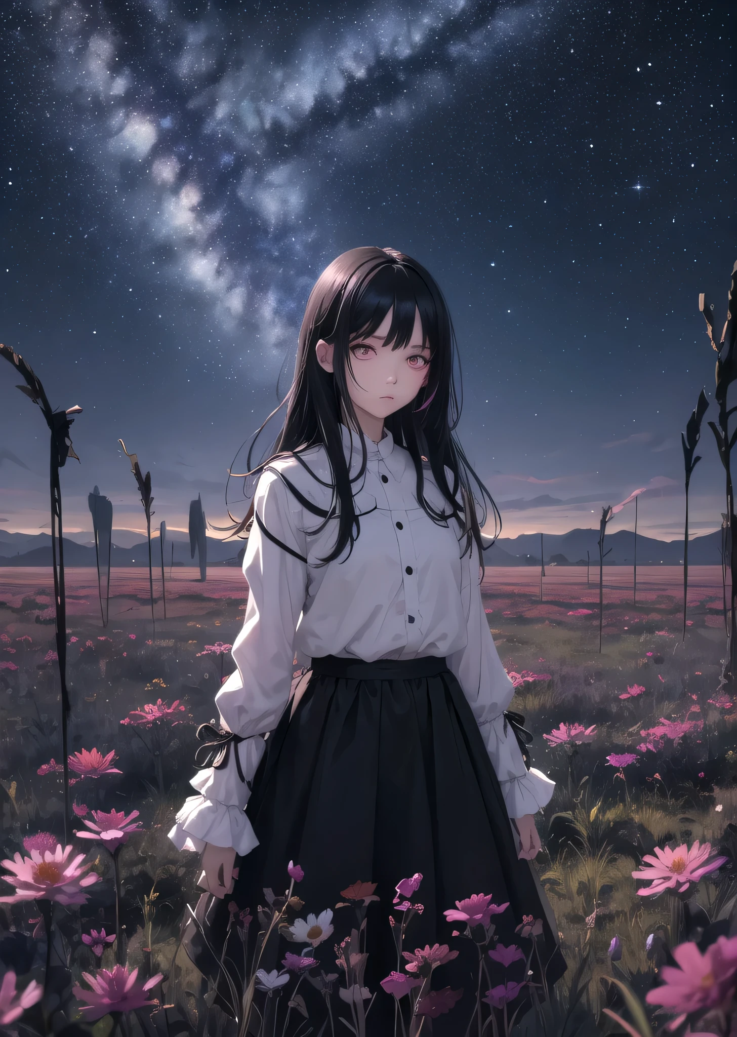 very colorful girl, dark dangerous backgrounds, masterpiece, best quality, 1 girl, black hair, standing, field of withered flowers, arms behind back, night, starry sky, piercing eyes.