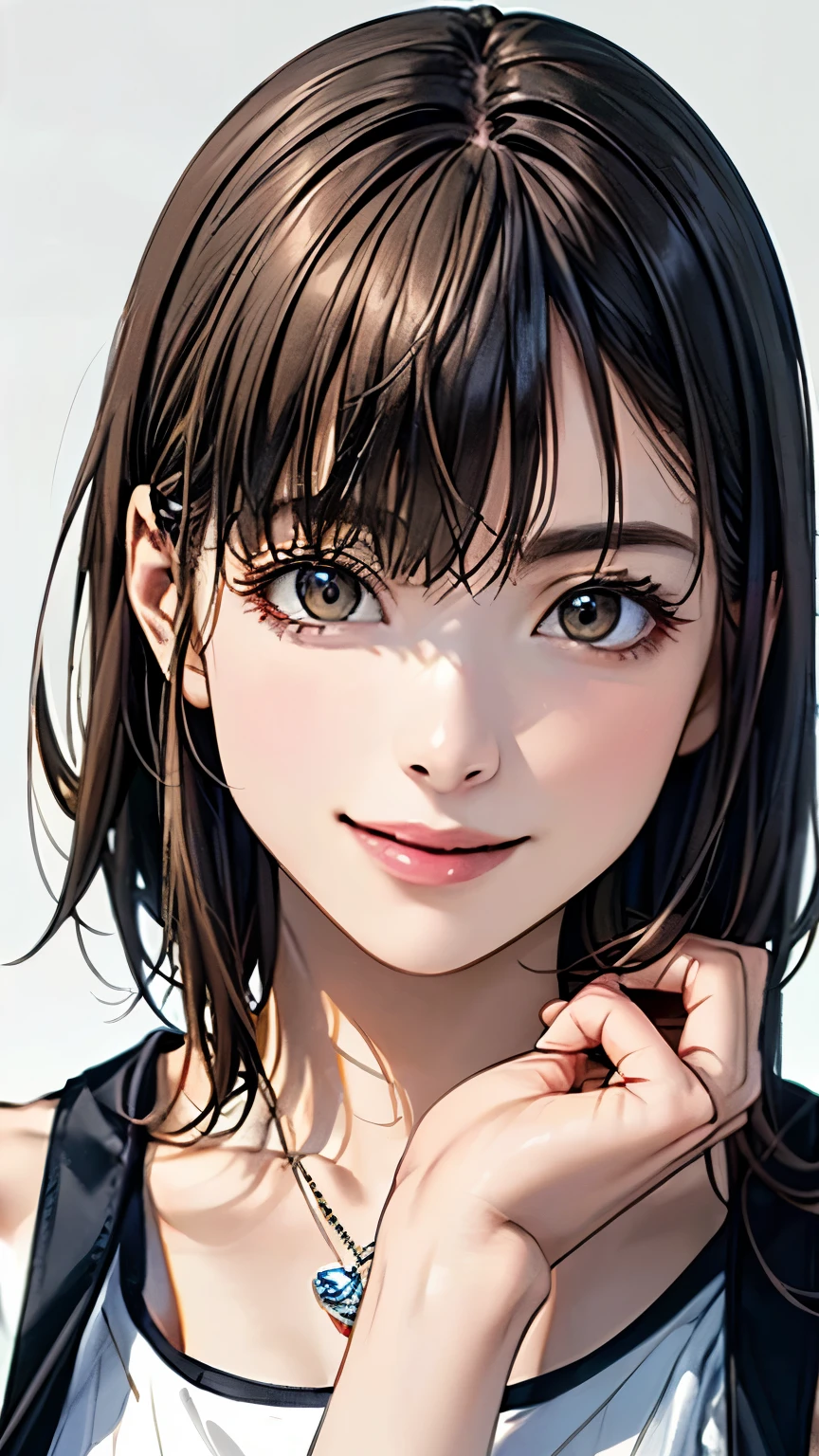 (highest quality、8k、32K、masterpiece)、(realistic)、(Photoreal:1.2)、(High resolution)、Super detailed、very beautiful face and eyes、1 girl、round and small face、thin waist、delicate body、(close、highest quality、high detail、rich skin details)、(highest quality、8k、oil paint:1.2)、Super detailed、(realistic、realistic:1.37)、bright colors、(((brown hair)))、(((bust shot)))、(((medium hair)))、(((pure white wall background)))、(((pure white wall background)))、(((White and gray stripes々wear a tank top)))、(((laughing)))、(((I&#39;m wearing a horizontal striped tank top)))、(((look straight ahead)))、(((brown hair)))、(((wearing a heart necklace)))、(((She is wearing a white and gray striped tank top)))、(((her hair is tied up with a yellow ribbon)))、(((Raising hands)))