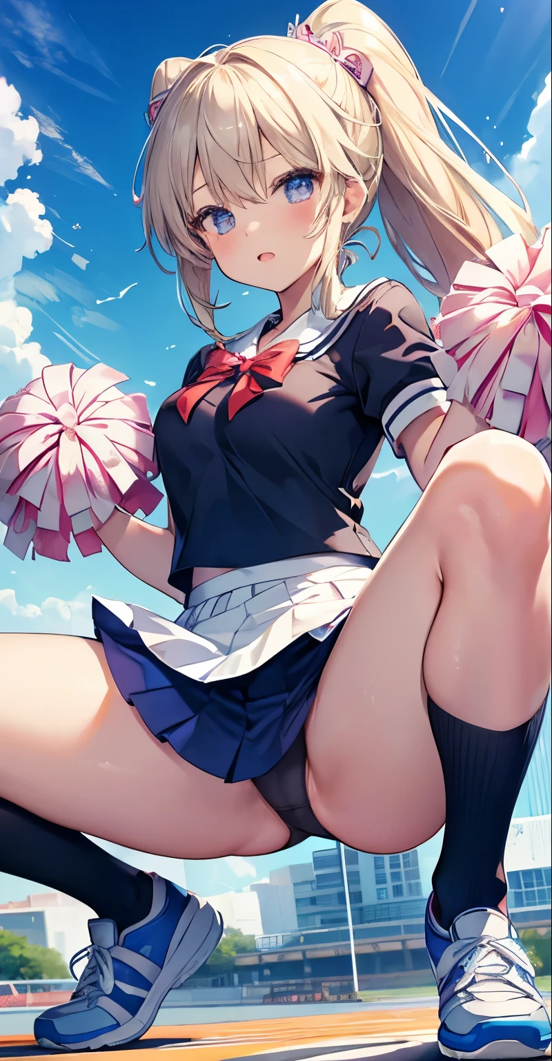 (Best Quality:1.3)、1girl asia、a miniskirt、Crouching、Cinderella、Cute anime illustration、,wearing cheerleading uniform,spreading her legs,showing detailed panties,race panties