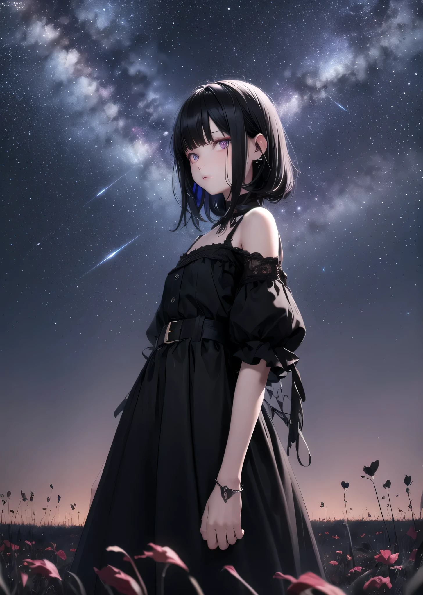 very colorful girl, dark dangerous backgrounds, masterpiece, best quality, 1 girl, black hair, standing, field of withered flowers, arms behind back, night, starry sky, piercing eyes.