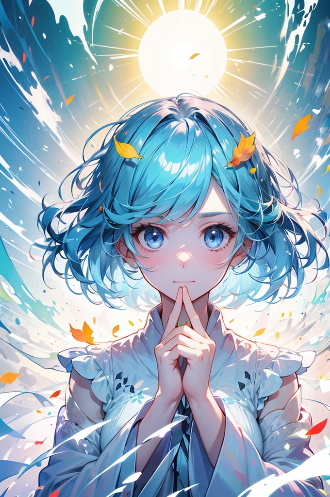masterpiece, 最high quality, morning, grassland, sun, Long powder blue hair, Powder Blue Eyes,Face Focus,woman, puppy, cute,Milky White Costume, Mysterious Zelkova, Zelkova leaves, high quality, Beautiful graphics, Attention to detail