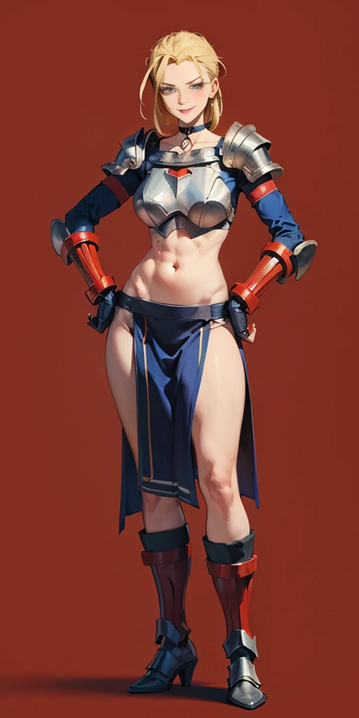((RED BACKGROUND)) (Cammy White Street Fighter 6 | Goofy AI) Female full body standing straight symmetrical, looking at viewer, (breastplate, choker, bracers, handcuffs, shackles, rerebrace, armored, high boots bootstraps), lustful smirking smile face red blushed red cheeks, (hands (clenching) on hips) shoulder armor, faulds, poleyn, gloves, gauntlets, FEET TOGETHER, RED LOINCLOTH STANDING SYMMETRICAL