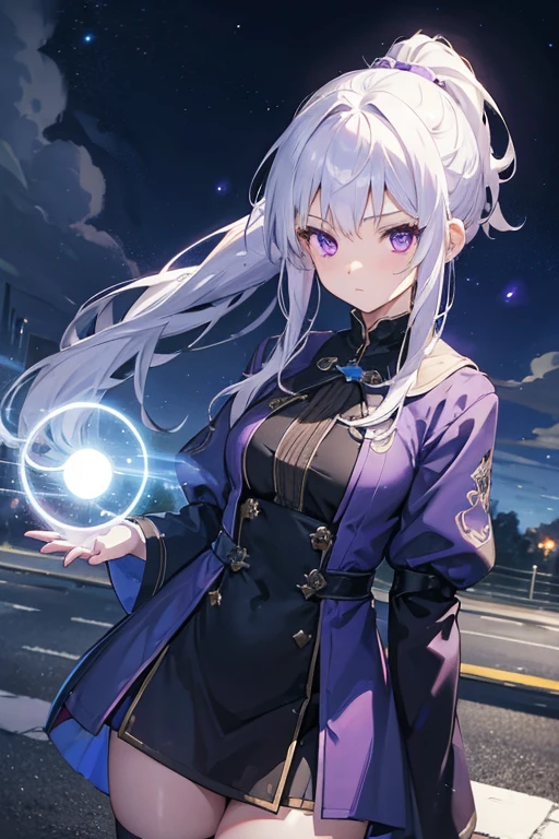 1 girl, Witch clothes,wizard,, ponytail ,white hair, purple eyes, magic circle, blue light, เปลวblue light, Wallpaper, terrain, depth of field, nighttime, light particles, light rays, On the side of the road, thigh, fortune \(set\),Anime, ****, cloud