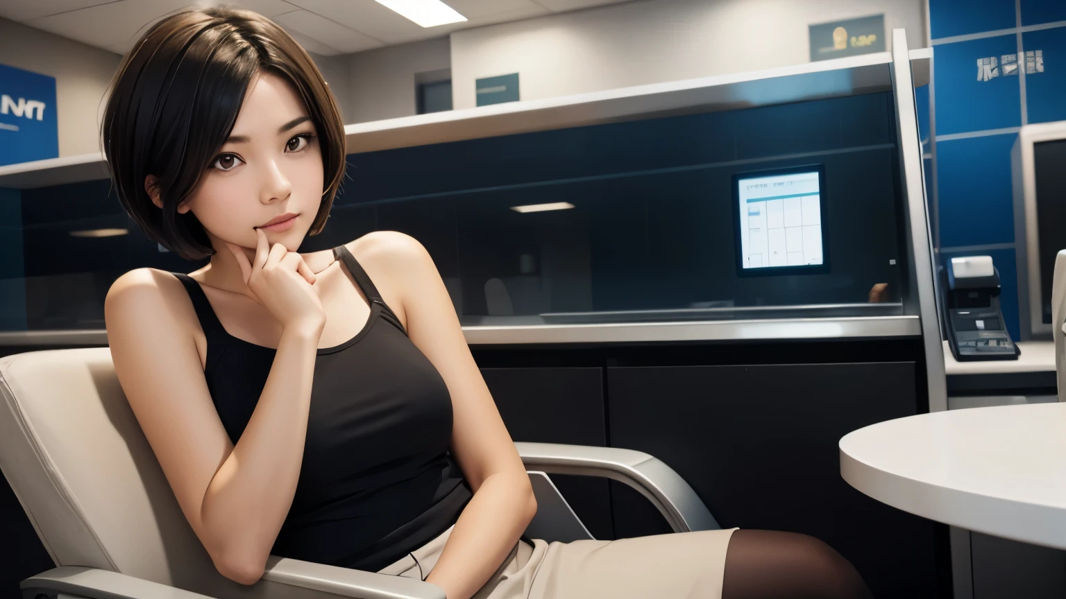 A girl short hair sitting in the bank 