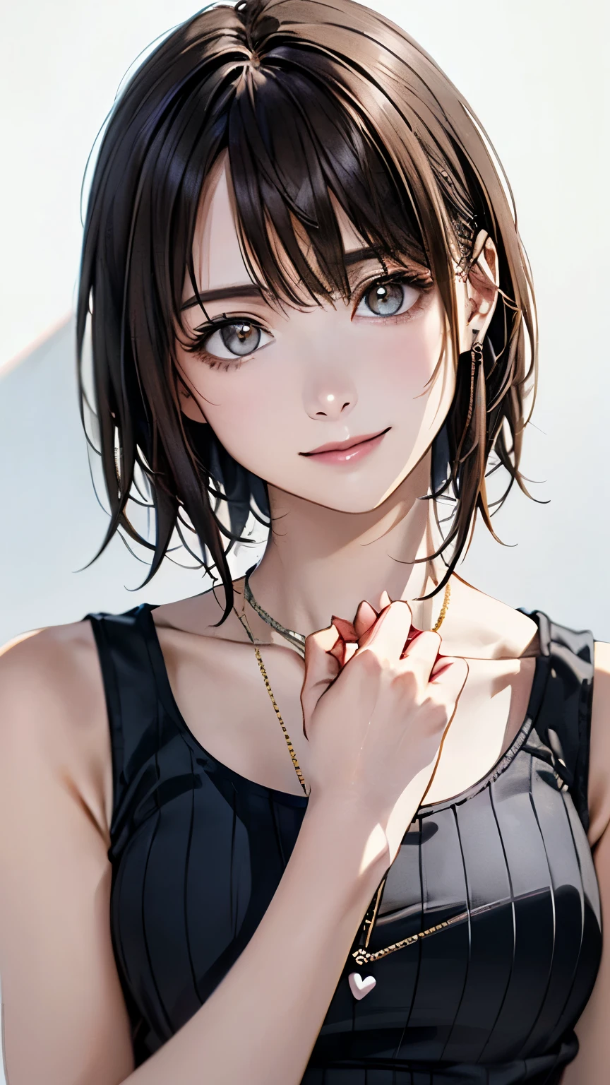 (highest quality、8k、32K、masterpiece)、(realistic)、(Photoreal:1.2)、(High resolution)、Super detailed、very beautiful face and eyes、1 girl、round and small face、thin waist、delicate body、(close、highest quality、high detail、rich skin details)、(highest quality、8k、oil paint:1.2)、Super detailed、(realistic、realistic:1.37)、bright colors、(((brown hair)))、(((bust shot)))、(((medium hair)))、(((pure white wall background)))、(((pure white wall background)))、(((White and gray stripes々wear a tank top)))、(((laughing)))、(((I'm wearing a horizontal striped tank top)))、(((look straight ahead)))、(((brown hair)))、(((wearing a heart necklace)))、(((She is wearing a white and gray striped tank top)))、(((her hair is tied up with a yellow ribbon)))、(((Raising hands)))