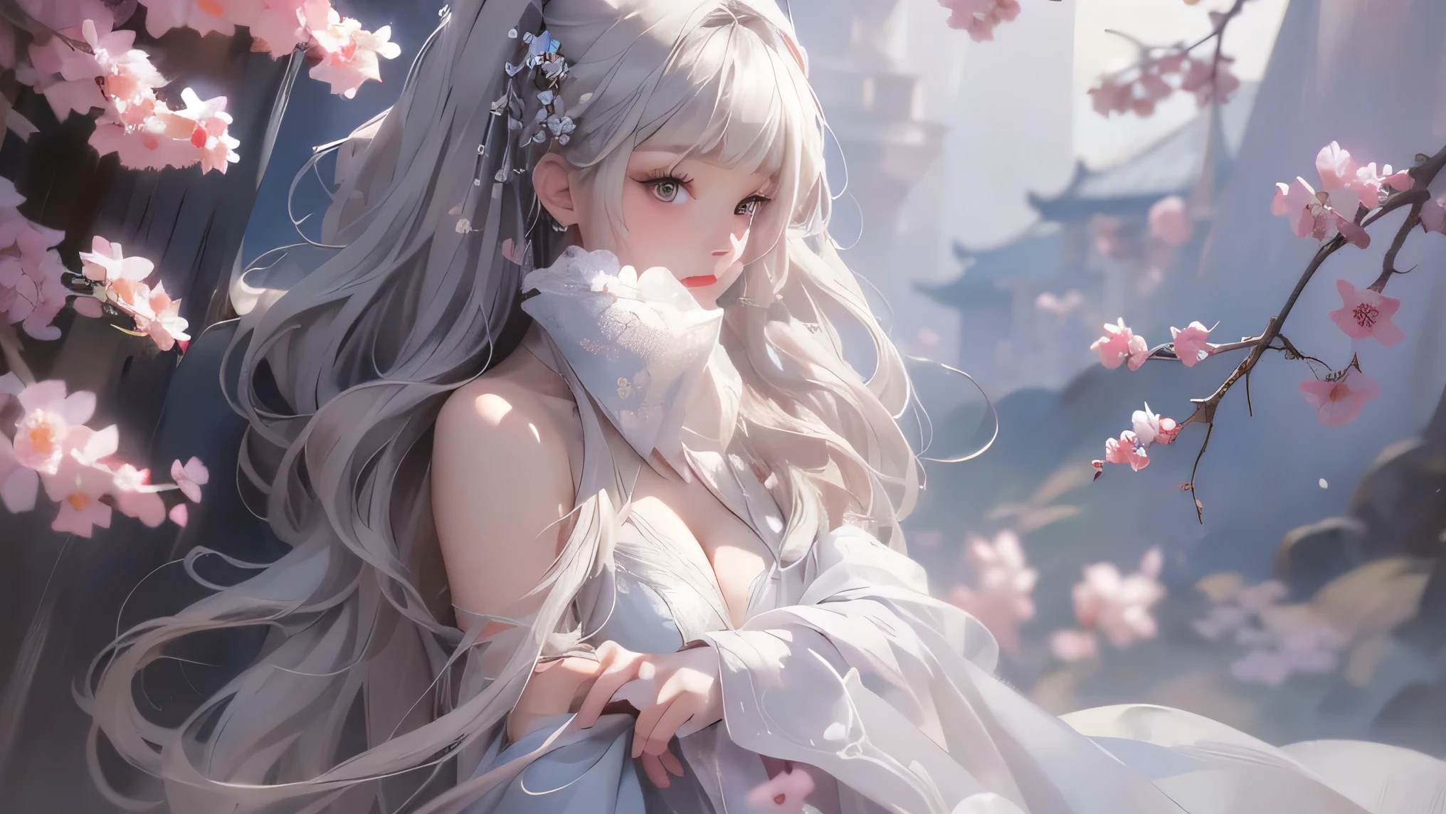 super high quality, masterpiece, Perfect illustration, Extremely detailed (Exquisite light and shadow, A very dramatic picture,Backlight) , ((Gray Hair:1.5))1 girl, alone, (Wearing Han clothes, Black and white Hanfu,monotone,Long sleeves) Flower Field, Flowers, (White smoke:1.3) (Realistic:1.4), Zen Intertwining, Tangled, Official Art, unity 8k wallpaper, Very detailed, Beautiful and beautiful, masterpiece, highest quality, (Dynamic Angle: 1.4), Glowing Skin, (Floating colorful flashes: 1) The most beautiful chaotic shapes, elegant, brutalism design, Bright colors, Romantic Depth of Field Exotic_dance, half_naked、Exposing shoulders、Ample breasts、Great cleavage、(han style、jin style)