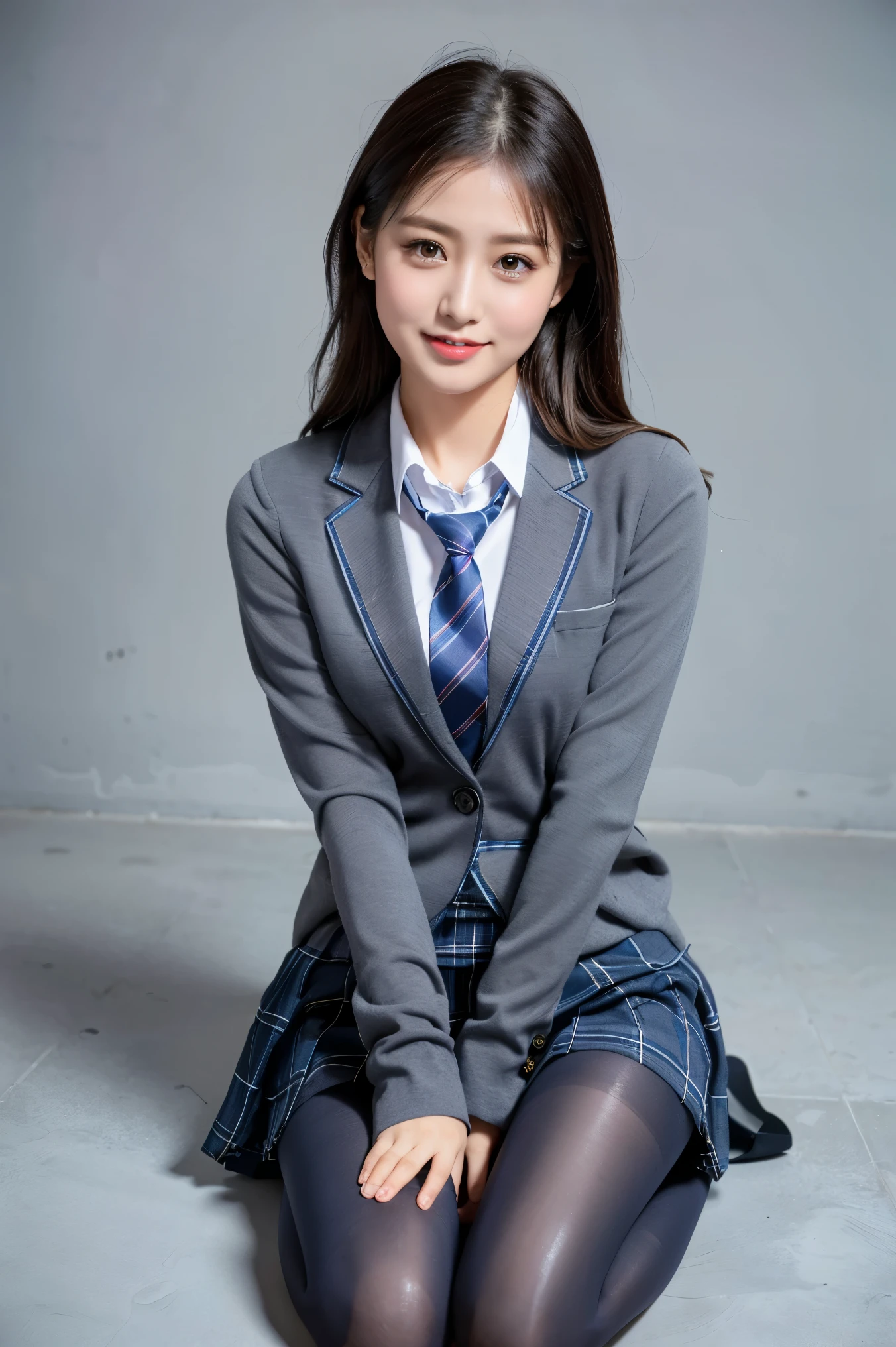 (8k), (highest quality: 1.2), (Realistic), (Realistic: 1.37), Ultra-high resolution, (1 girl), cute, smile, Mouth closed, Beautiful details, Beautiful Nose, Wet Hair, Giant Dulcefo, pork, Thighs,Self Snap,University uniform,A simple navy blue blazer,Pleated skirt,(The skirt and tie are gray tartan check pattern.....:1.3),(Sitting:1), Sit on the ground,(Hug my feet:1),(Glossy pantyhose:1.2),from the front,knees