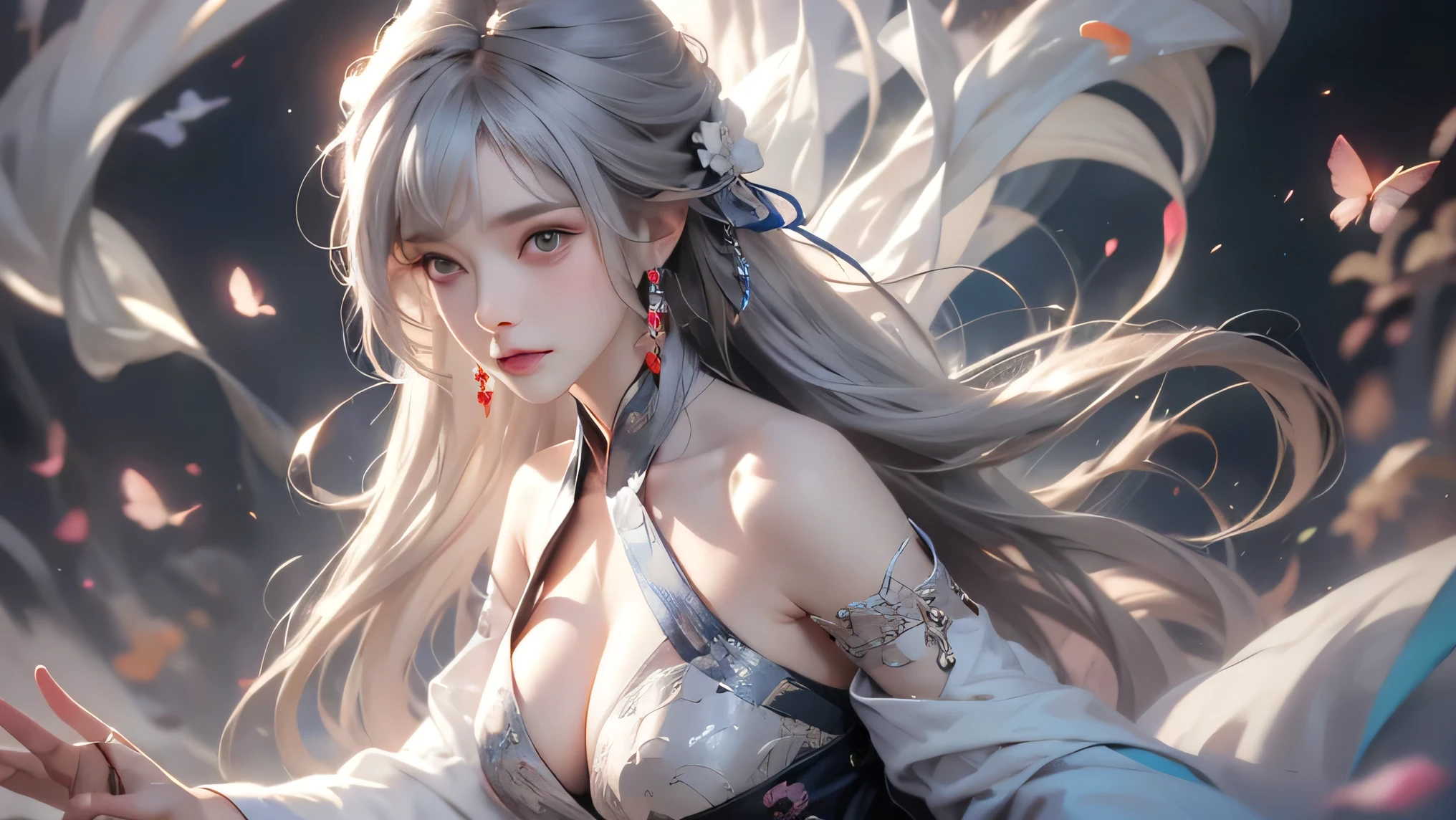 super high quality, masterpiece, Perfect illustration, Extremely detailed (Exquisite light and shadow, A very dramatic picture,Backlight) , ((Gray Hair:1.5))1 girl, alone, (Wearing Han clothes, Black and white Hanfu,monotone,Long sleeves) Flower Field, Flowers, (White smoke:1.3) (Realistic:1.4), Zen Intertwining, Tangled, Official Art, unity 8k wallpaper, Very detailed, Beautiful and beautiful, masterpiece, highest quality, (Dynamic Angle: 1.4), Glowing Skin, (Floating colorful flashes: 1) The most beautiful chaotic shapes, elegant, brutalism design, Bright colors, Romantic Depth of Field Exotic_dance, half_naked、Exposing shoulders、Ample breasts、Great cleavage、(han style、jin style)