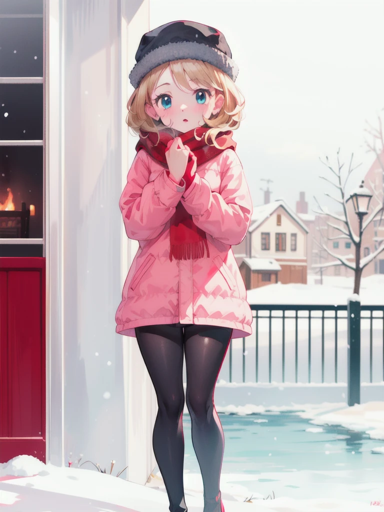 gonzarez, masterpiece, Serenaj, 1girl,l solo, 
 blue eyes, blonde hair, medium hair, open eyes , snowy city, snow strom), (thick cosy pink jacket, red scarf, tall), black leggings, winter cap, high fever, cold, cough 