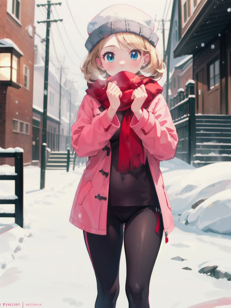 gonzarez, masterpiece, Serenaj, 1girl,l solo, 
 blue eyes, blonde hair, medium hair, open eyes , snowy city, snow strom), (thick cosy pink jacket, red scarf, tall), black leggings, winter cap, high fever, cold, cough 