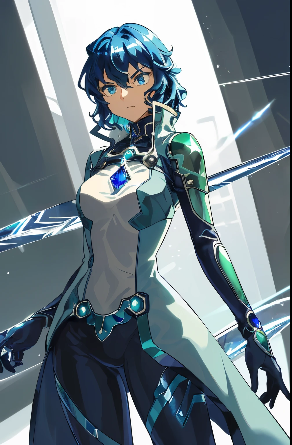 ultra detailed, masterpiece, best quality, solo, cowboy shot, facing viewer,girl, ((really shiny wavy short sapphire color hair)), wearing a mechanical suit beneath a trenchcoat, light armor, sapphire emerald eyes, serious expression, receptive, using a device on her arm that emits a blue light, (((Sinon Sao))) (((Blue Hair))