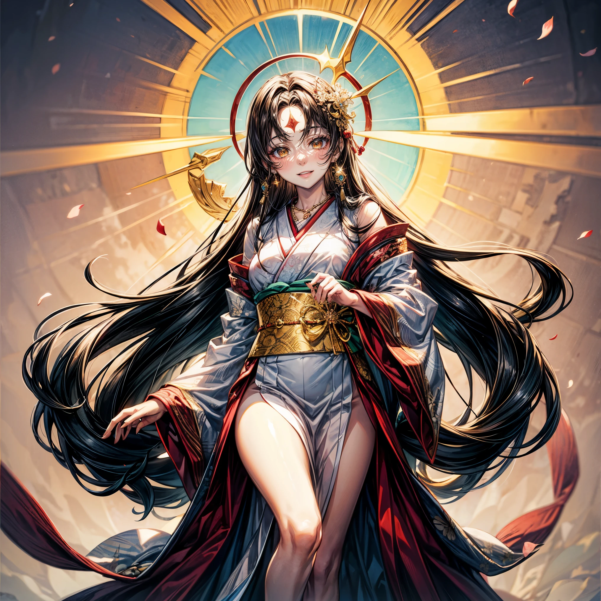 masterpiece,highest quality,Ultra high definition, Amaterasu, Japanese mythology, sun goddess, noble woman, Amaterasu, shining attire, sacred atmosphere, Ama-no-Iwato, beautiful nature, divine light, white and red kimono, long, black straight hair, （light amber eyes）, light complexion, golden crown, delicate cherry blossom shaped earrings, necklace with shining sun motif, Gold ornament shining on the forehead, two-parted bangs, whole body,smile,smiling