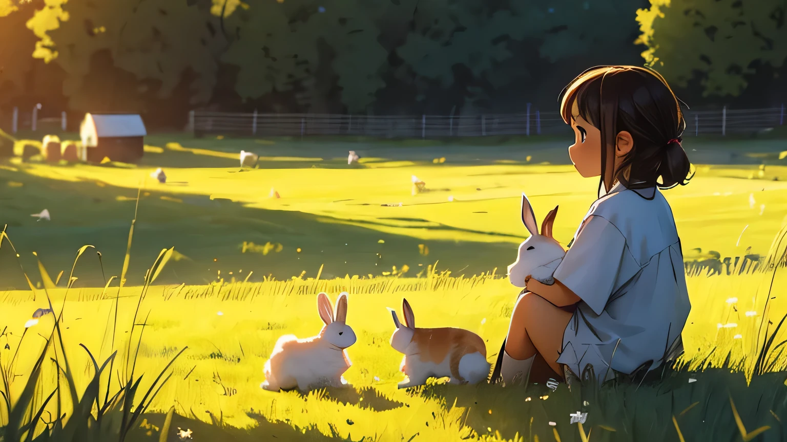 on the farm, girl sitting on the straw holding a rabbit and stroking it,evening,Rabbits of various fur colors