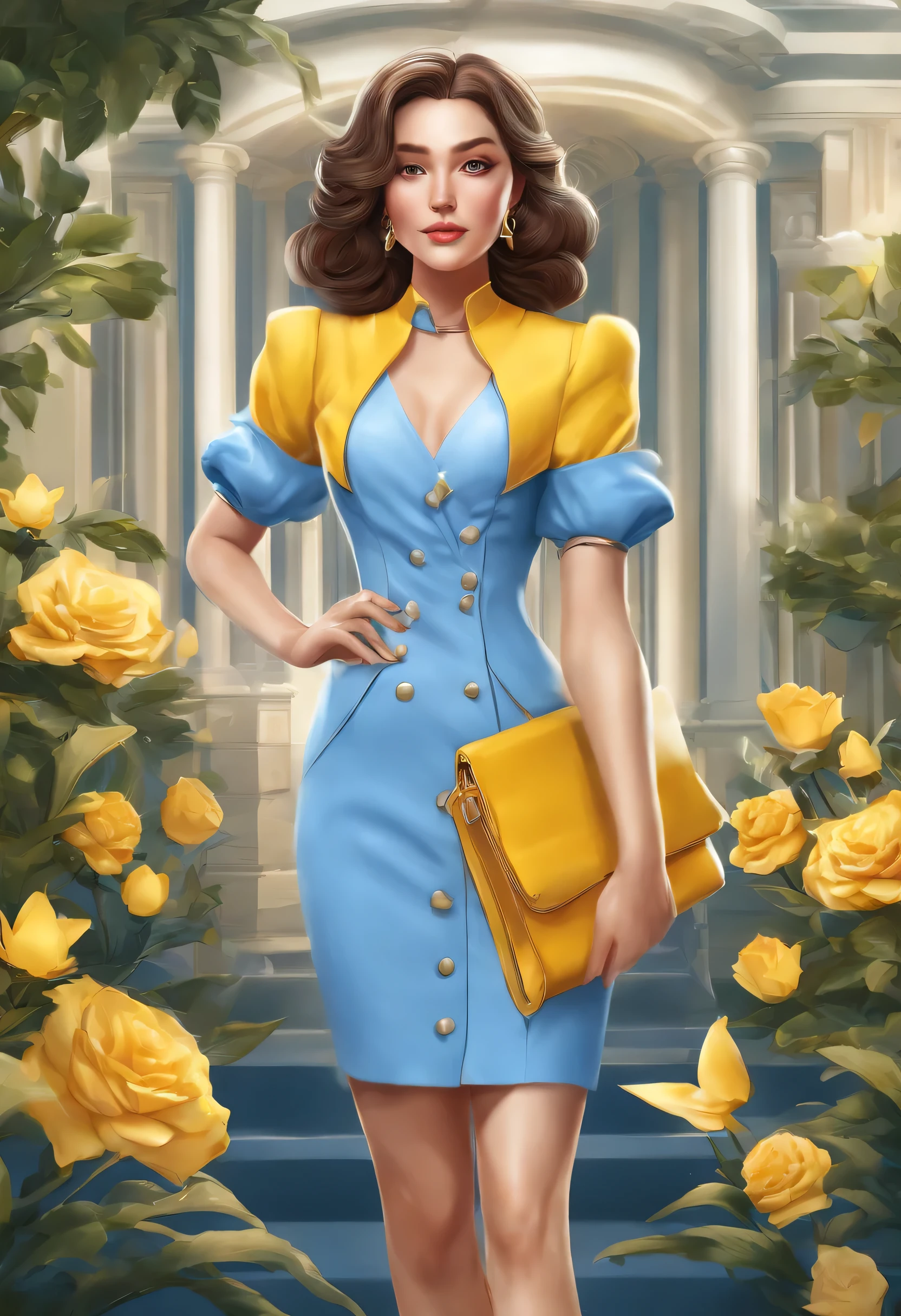 business cute lady, icon game, yellow and blue, owning garden, face,3d