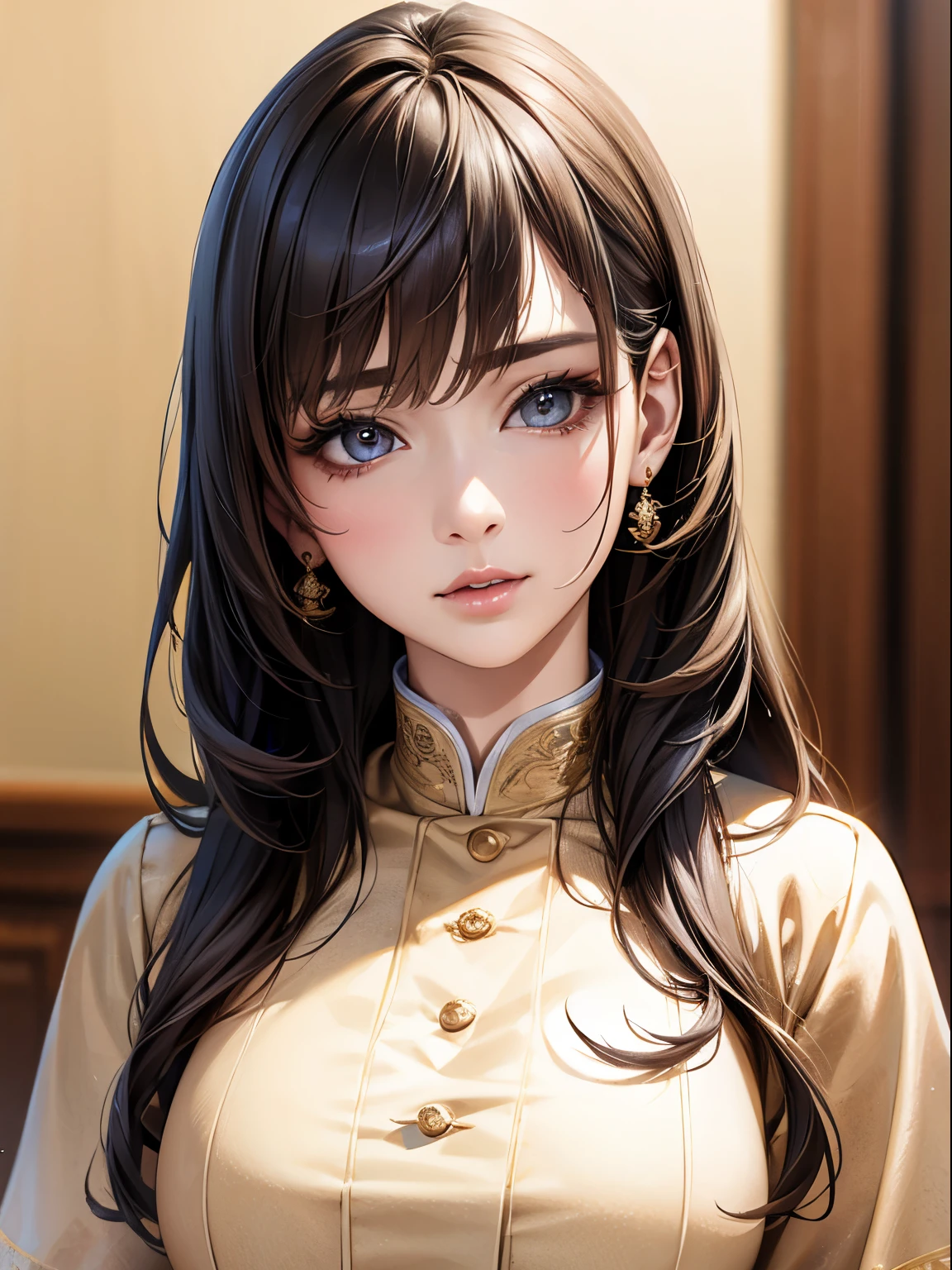 ((Highest quality)),(超High resolution),(Very detailed),(Detailed Description),((The best CG)),(masterpiece),Ultra-detailed art、(Highest quality、8k、32K、masterpiece)、(Realistic)、(Realistic:1.2)、(High resolution)、Very detailed、Very beautiful face and eyes、1 female、Tight waist、Delicate body、(Highest quality、Attention to detail、Rich skin detail)、(Highest quality、8k、Oil paints:1.2)、Very detailed、(Realistic、Realistic:1.37)、Bright colors、Beautiful Japanese Woman、Detailed face、Smooth Skin、Big Breasts、((Long hair with perm ends:1.6、Red hair))、"High school girl in a futuristic uniform。Wearing a monochrome tight-fitting blazer、Metallic buttons and school crest on left chest。Below is the、He is wearing a clean white shirt with hidden buttons.、The collar and cuffs have thin lines。The skirt is a knee-length A-line skirt.、It has the same simple stripes as the blazer.。Shoes must be black or dark grey sneakers、Includes silver accents。As an accessory、Ribbon in school colors、Berets are also available for use during extracurricular activities.。The material of the uniform is temperature regulating、Antifouling、Has antibacterial properties。"