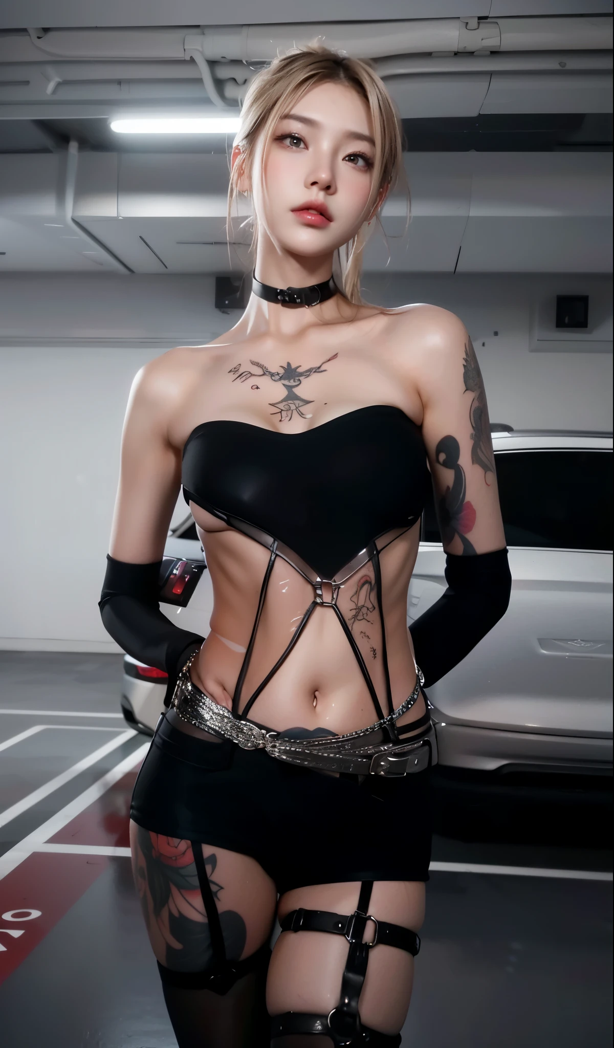 (Browsing Caution:0.7), Perfect Style, Beautiful Face, Highly detailed face and skin texture, (Maximum resolution: 1.2), 1 female,Hip Up, jewelry, (((He has many tattoos all over his body)), Streetwear, (((Tight shorts))), blonde, (((Tight waist))), ((Big Breasts)),(See-through)