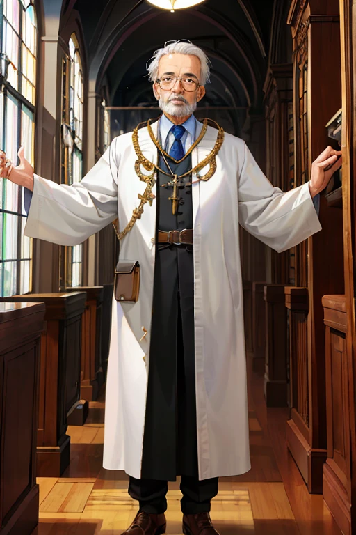 (masterpiece:1.4), (Better Quality:1.4), Realist, 1 old man, Francisco Candido Xavier \(destiny\), long white tunic, library, Wear goggles, religious, Gray Hair