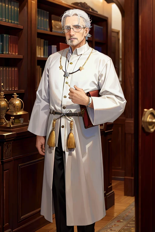 (masterpiece:1.4), (Better Quality:1.4), Realist, 1 old man, Francisco Candido Xavier \(destiny\), long white tunic, library, Wear goggles, religious, Gray Hair