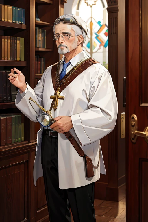 (masterpiece:1.4), (Better Quality:1.4), Realist, 1 old man, Francisco Candido Xavier \(destiny\), long white tunic, library, Wear goggles, religious, Gray Hair