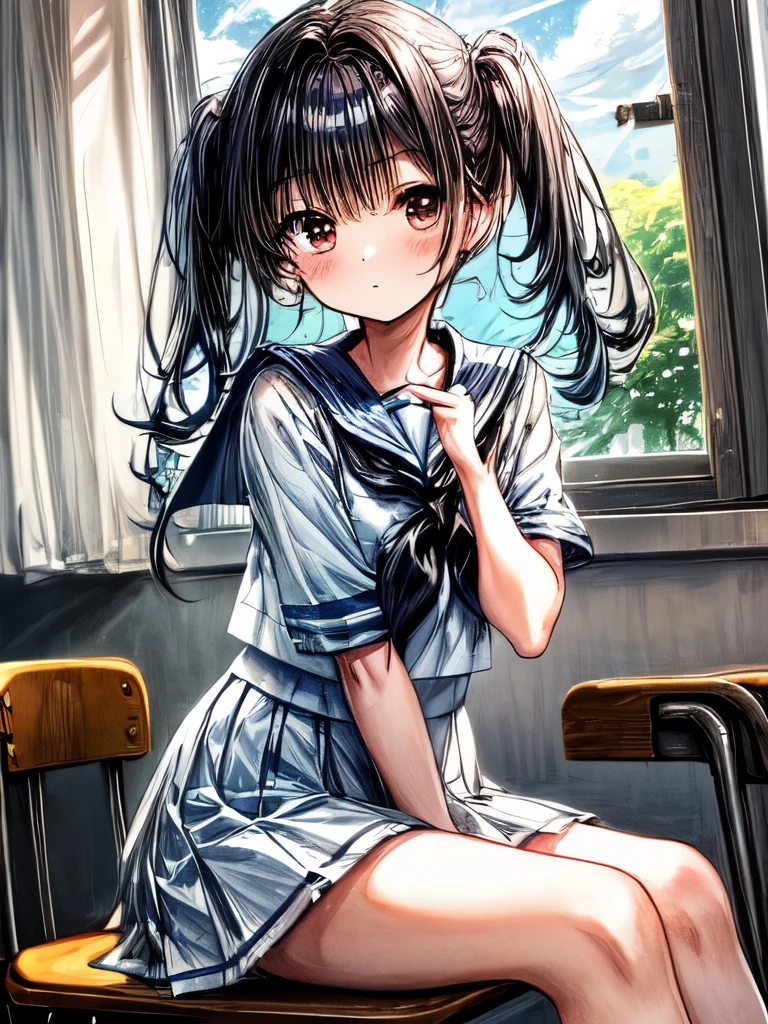 Create an image of a sitting girl, sailor suit, classroom, A person leaning on their hand and staring at you with a thoughtful expression. The image should capture the essence of summer, The girl should be in a typical summer pose, with a high-contrast effect and a subtle glow. The upper part of the screen should have a darker tone, gradually transitioning into a brighter tone towards the bottom.A beautiful scene of fluffy cumulus clouds entering through the window in the background.