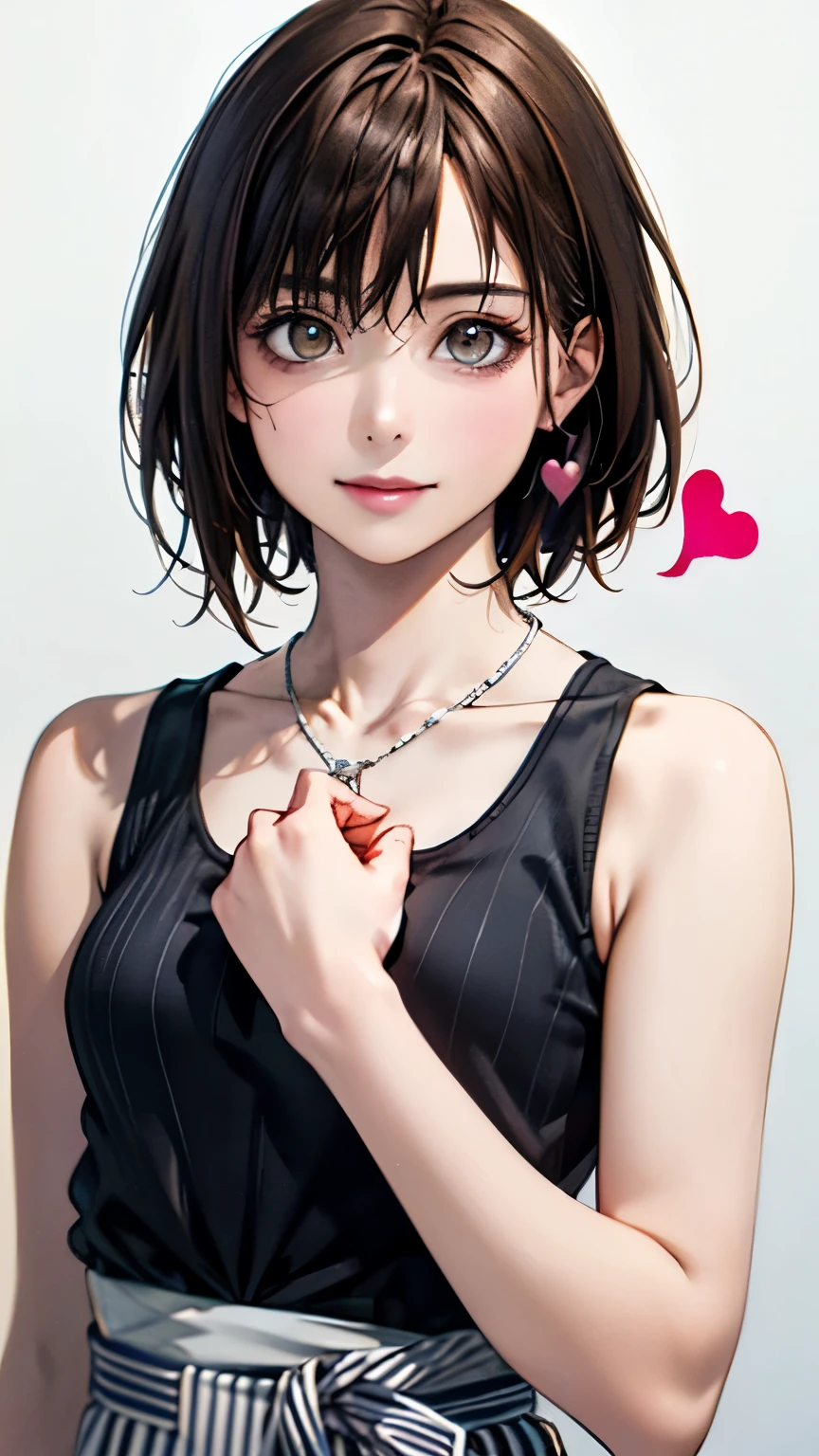 (highest quality、8k、32K、masterpiece)、(realistic)、(Photoreal:1.2)、(High resolution)、Super detailed、very beautiful face and eyes、1 girl、round and small face、thin waist、delicate body、(close、highest quality、high detail、rich skin details)、(highest quality、8k、oil paint:1.2)、Super detailed、(realistic、realistic:1.37)、bright colors、(((brown hair)))、(((bust shot)))、(((medium hair)))、(((pure white wall background)))、(((pure white wall background)))、(((White and gray stripes々wear a tank top)))、(((laughing)))、(((I&#39;m wearing a horizontal striped tank top)))、(((look straight ahead)))、(((brown hair)))、(((wearing a heart necklace)))、(((She is wearing a white and gray striped tank top)))、(((her hair is tied up with a yellow ribbon)))、(((Raising hands)))