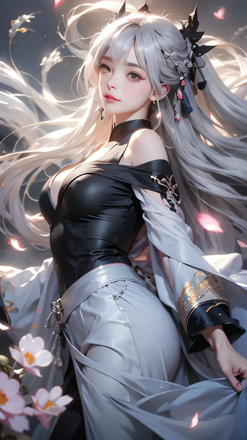 super high quality, masterpiece, Perfect illustration, Extremely detailed (Exquisite light and shadow, A very dramatic picture,Backlight) , ((Gray Hair:1.5))1 girl, alone, (Wearing Han clothes, Black and white Hanfu,monotone,Long sleeves) Flower Field, Flowers, (White smoke:1.3) (Realistic:1.4), Zen Intertwining, Tangled, Official Art, unity 8k wallpaper, Very detailed, Beautiful and beautiful, masterpiece, highest quality, (Dynamic Angle: 1.4), Glowing Skin, (Floating colorful flashes: 1) The most beautiful chaotic shapes, elegant, brutalism design, Bright colors, Romantic Depth of Field Exotic_dance, half_naked、Exposing shoulders、Ample breasts、Great cleavage、（han style、jin style）
