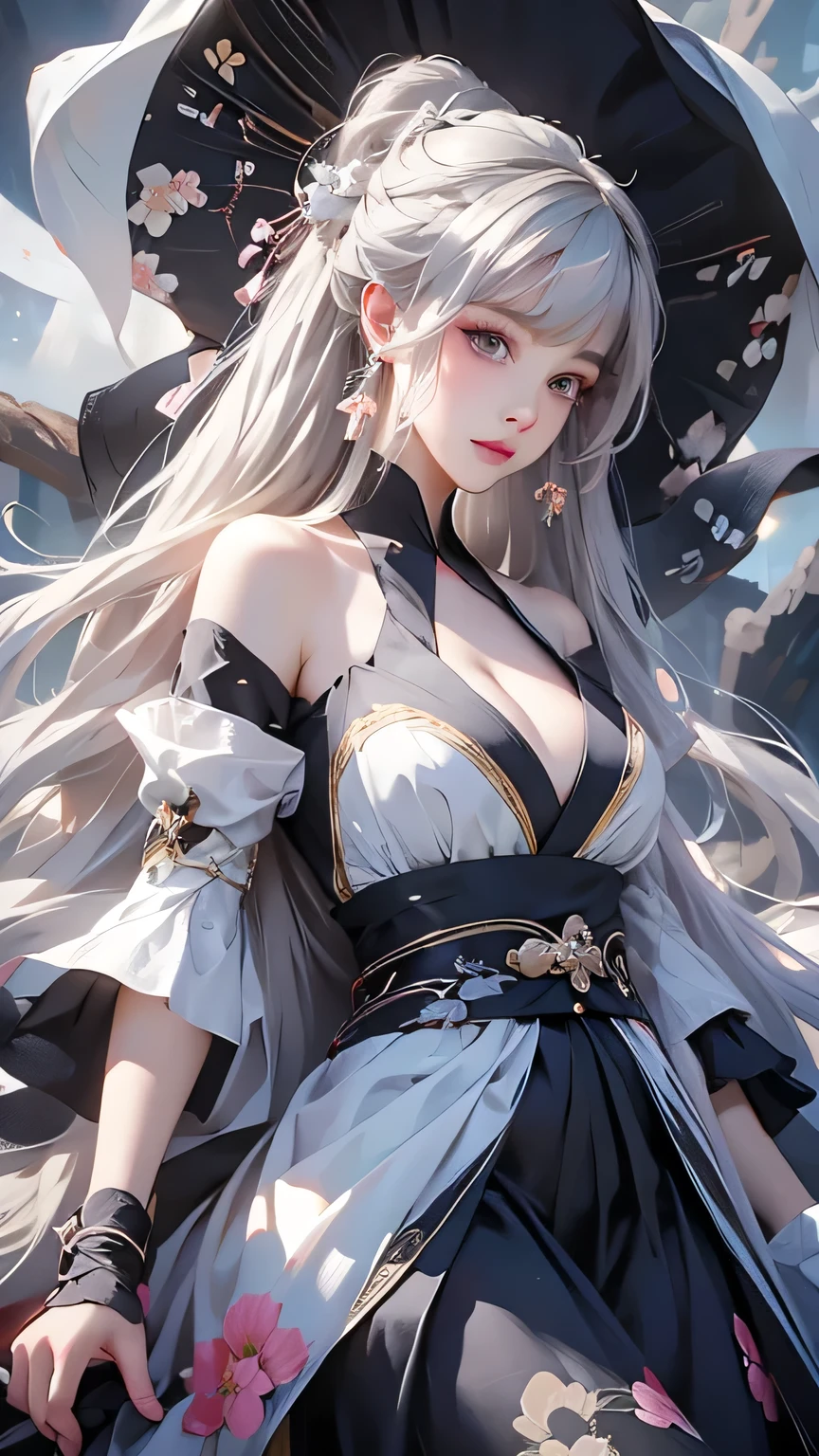 super high quality, masterpiece, Perfect illustration, Extremely detailed (Exquisite light and shadow, A very dramatic picture,Backlight) , ((Gray Hair:1.5))1 girl, alone, (Wearing Han clothes, Black and white Hanfu,monotone,Long sleeves) Flower Field, Flowers, (White smoke:1.3) (Realistic:1.4), Zen Intertwining, Tangled, Official Art, unity 8k wallpaper, Very detailed, Beautiful and beautiful, masterpiece, highest quality, (Dynamic Angle: 1.4), Glowing Skin, (Floating colorful flashes: 1) The most beautiful chaotic shapes, elegant, brutalism design, Bright colors, Romantic Depth of Field Exotic_dance, half_naked、Exposing shoulders、Ample breasts、Great cleavage、(han style、jin style)