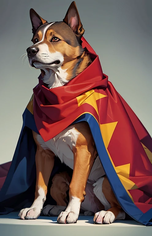 there is a dog that is sitting under a blanket, covered with blanket, a handsome, a brightly coloured, cozy under a blanket, cosy, very handsome, he‘s wearing a red neckerchief, bottom angle, full profile, handsome, medium full shot, wearing a barca cape, high quality upload, a wide full shot, relaxing after a hard day, a pastel