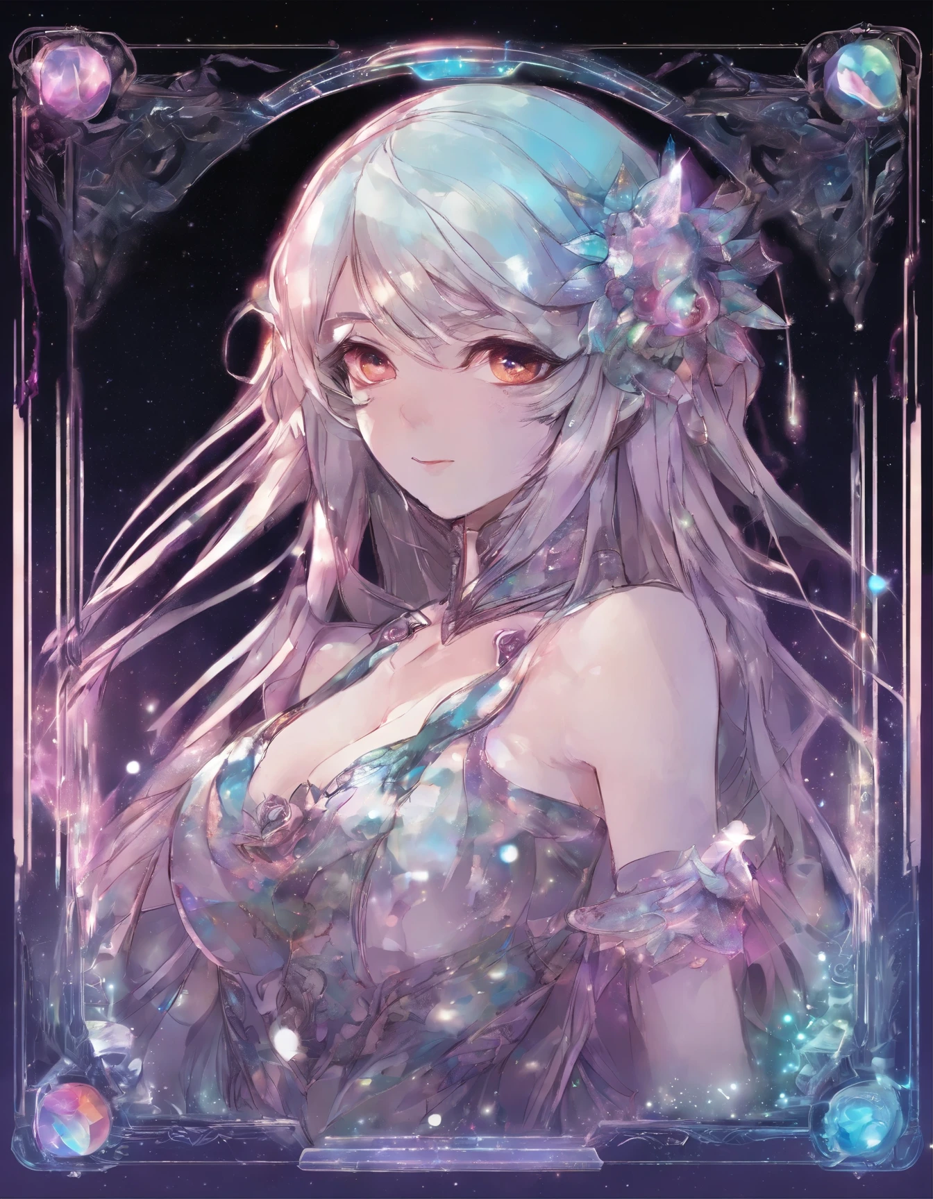 crystal covered, upper body, side shot, alternate color, masterpiece, detailed illustration, realistic, pixiv top quality, exquisite, {{{kawaii 1girl}}}, ultra beauties who fuse with machines, elaborate shabby chic pattern, glitter beautiful female, Half of my body is made of machines, transparent glass body, The machines inside the body are transparent, cinematic lighting, dynamic angle, dynamic pose, crystal world, depth of field，Full body portrait
