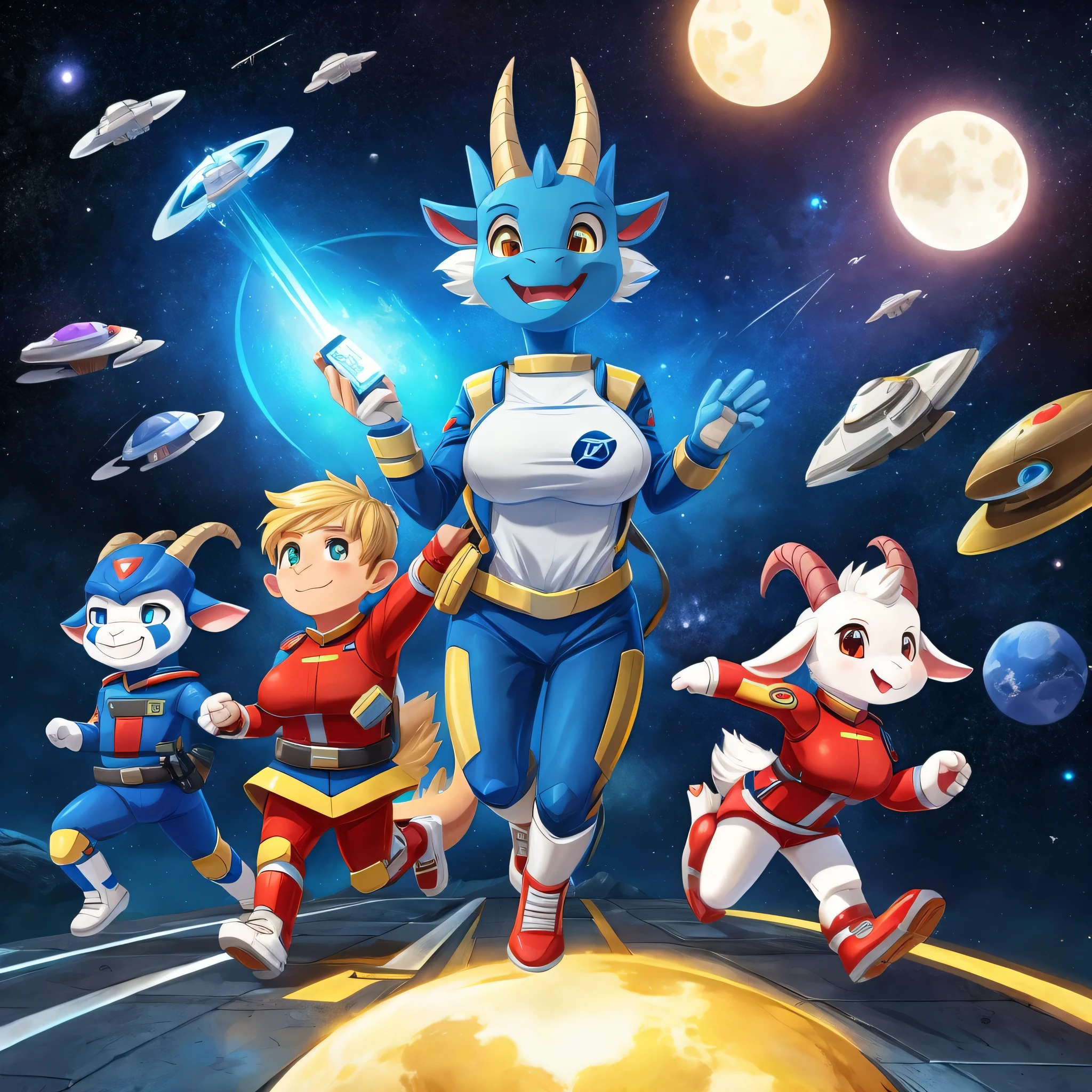 One with horns、Blue goat cartoon wearing Starfleet Uniform and running, Carrying a Futuristic Gadget,as an anthropomorphic dragon, cute monster character design, cute little dragon, japanese mascot,Mascot illustration, Dralon, But as an anthropomorphic goat, Goat-shaped man, Cute big breasts:2, Anthropomorphic goats, human and goat fusion, Space theme, futuristic theme