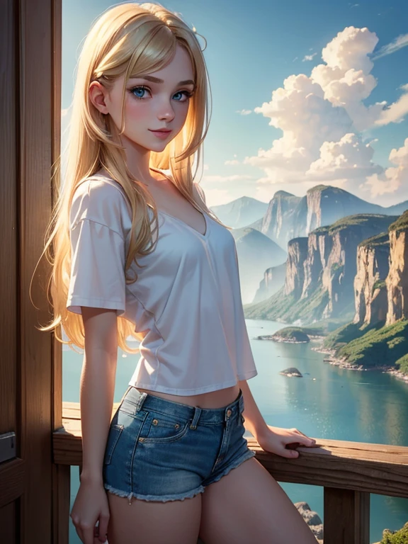 (masterpiece, best quality:1.4), (8K), Young blonde beauty, (((18 years old, neat girl))), detailed blue eyes, long eyelashes, blush, kind smile, upper body, topless small breats, denim short shorts, (from side), (looking at viewer), beautiful blonde hair, white-skinned, long hair, parted bangs, (small breasts), (valley, beautiful and magnificent skyline, majestic sky), colorful natural light)