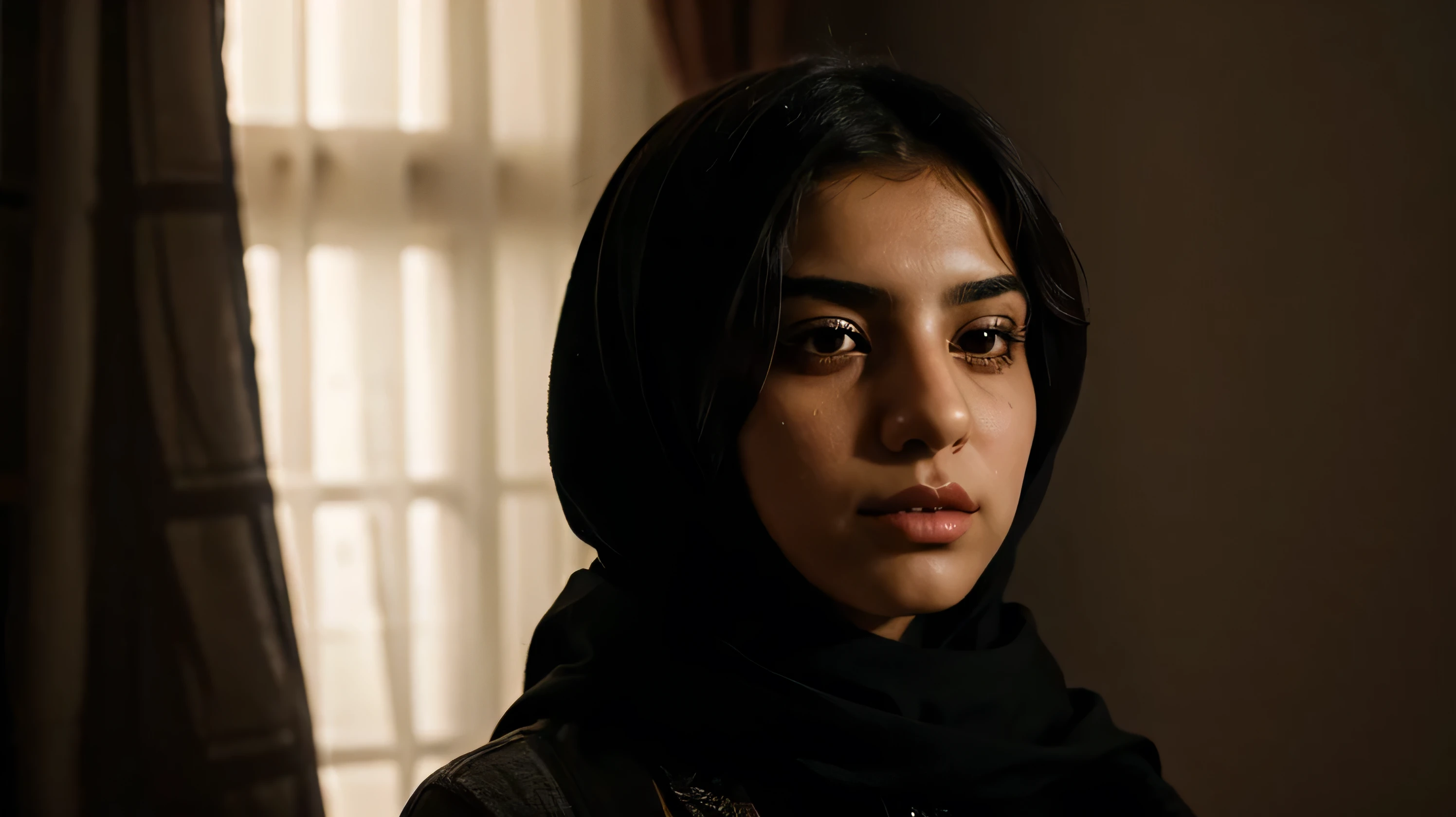 Young Iranian girl with a beautiful and realistic face in a dark room