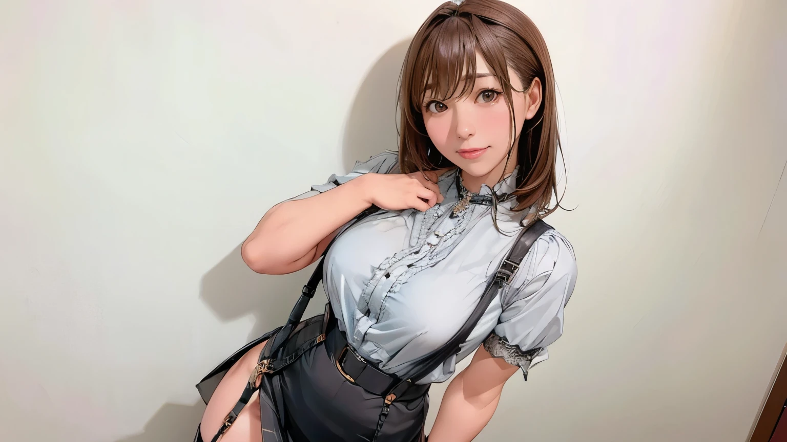 Black Skirt, 　suspenders, Brown hair Gray eyes, Garter belt on the legs, Tight clothing, 　　 internal　　　Moderate bust　holster　Belt Chain　hair ornaments