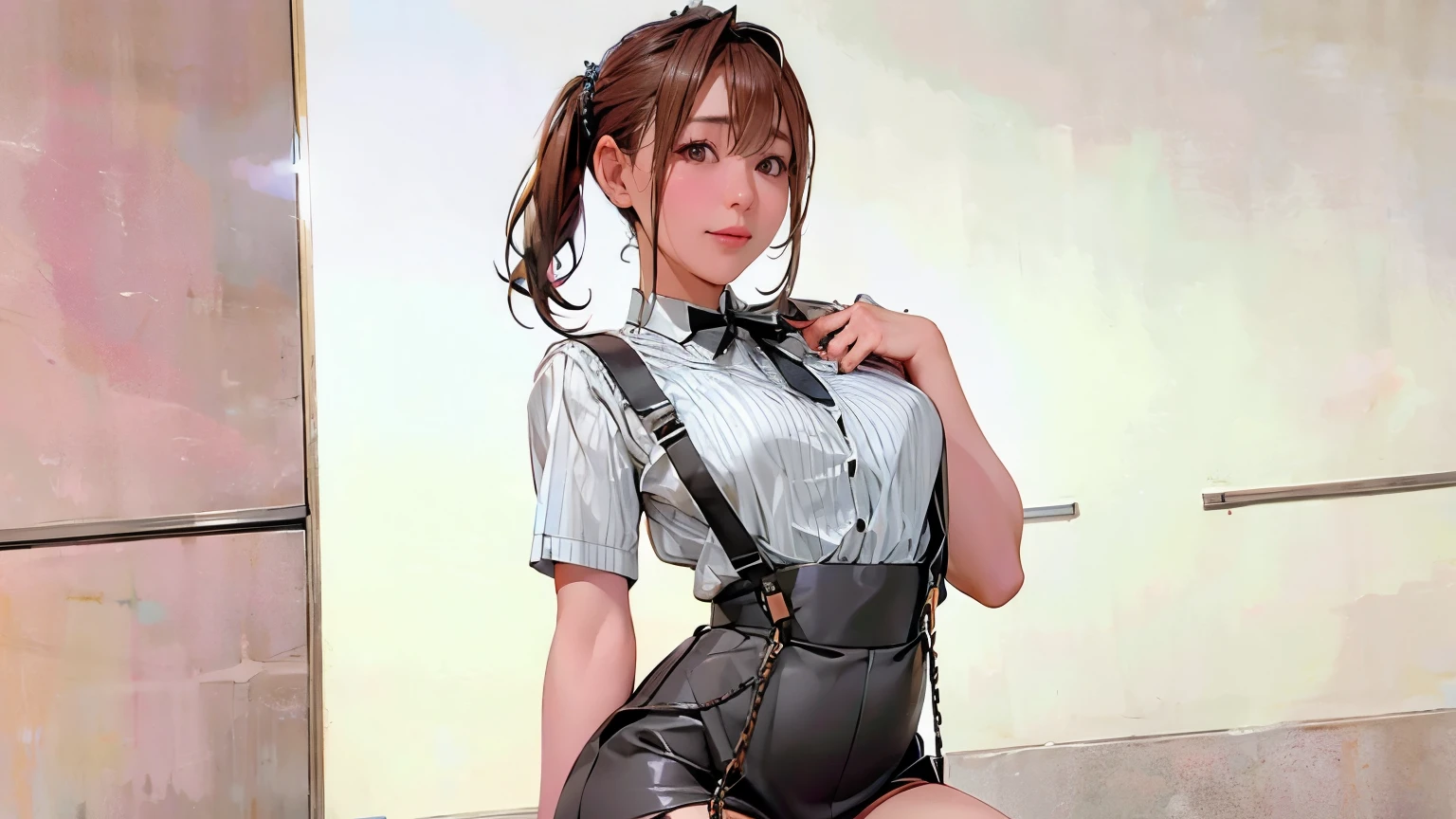 Black Skirt, 　suspenders, Brown hair Gray eyes, Garter belt on the legs, Tight clothing, 　　 internal　　　Moderate bust　holster　Belt Chain　hair ornaments