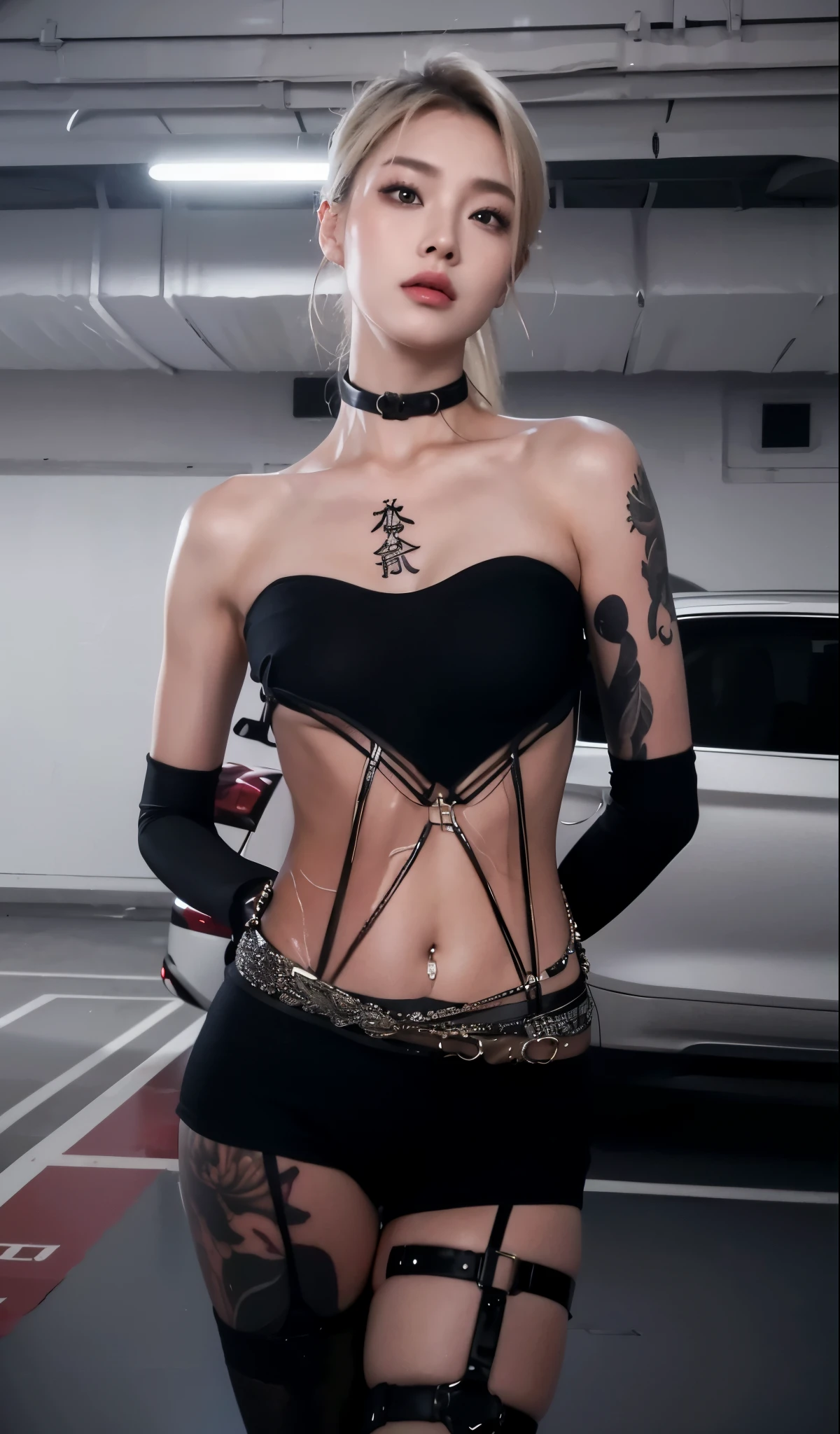 Game Art，CG Animation，Best image quality，Maximum resolution，8k，(A half-length photo)，(portrait)，(Head close-up)，(Rule of Thirds)，Unreal Engine 5 rendering works，20 year old girl，((Queen))，The eyes are very detailed，(Large Breasts)，Elegant and noble，Movie Lighting，Ray Tracing，Game CG，((3D Unreal Engine))，OC rendering reflection mode，4K，Ultra-clear，Translucent lace，Fair and plump figure，Pretty Face，Glossy Gel Coat，身着华贵礼服的Queen，Put your hands behind you，Tattoo designs on body，The tattoo is very delicate，The tattoo on the chest is in Chinese(Chinese wrote：hell)，Chinese character tattoo:hell