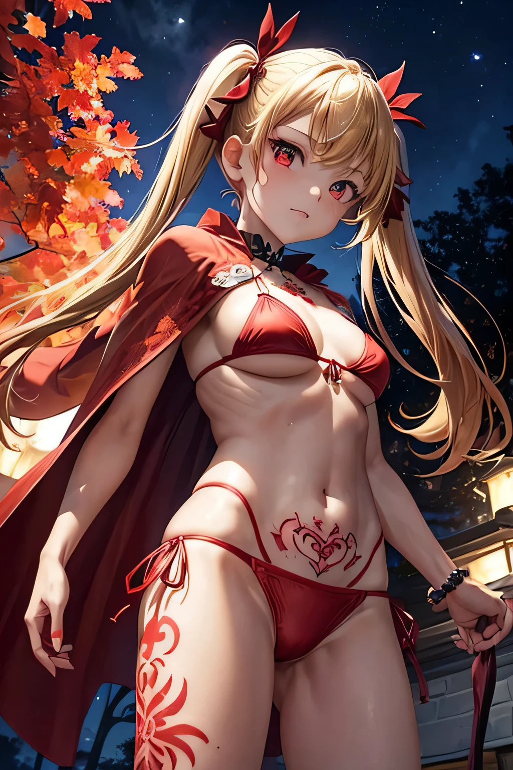 (Cape)、(((Red tattoo)))、（((Red Bikini)))、Beauty、(((Blonde twin tails)))、((whole body))、(((Photo taken from below)))、Night Sky、The background is a night forest