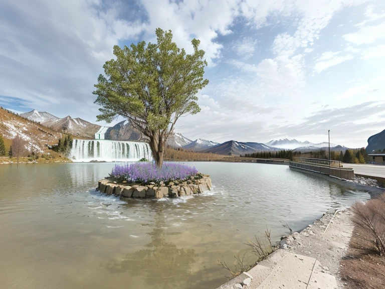 There is a tree in the middle of the pond,Background waterfall with mountains behind,Add roadside guardrails