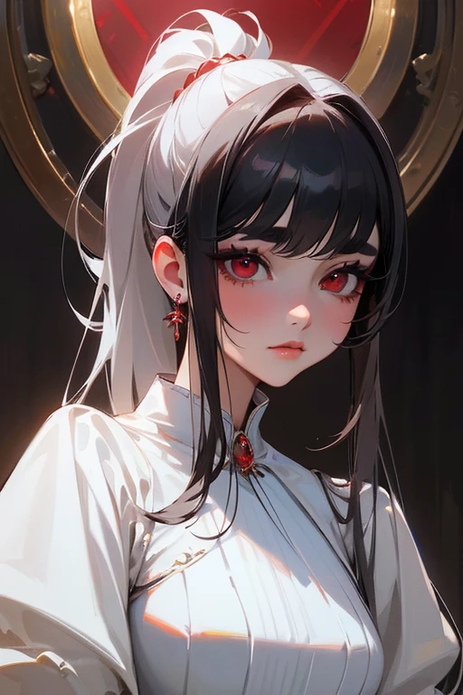 (highest quality, masterpiece:1.2), High resolution, Very detailed, Realistic:1.37, Fantasy, An illustration, Red eyes、Queen, White Dress.Platinum decoration、beautifully、Eyeshadow Red、Thick eyebrows、Long eyelashes、pupils are black、Hair is white、Kissing Face、Embarrassing、Loved、ponytail、