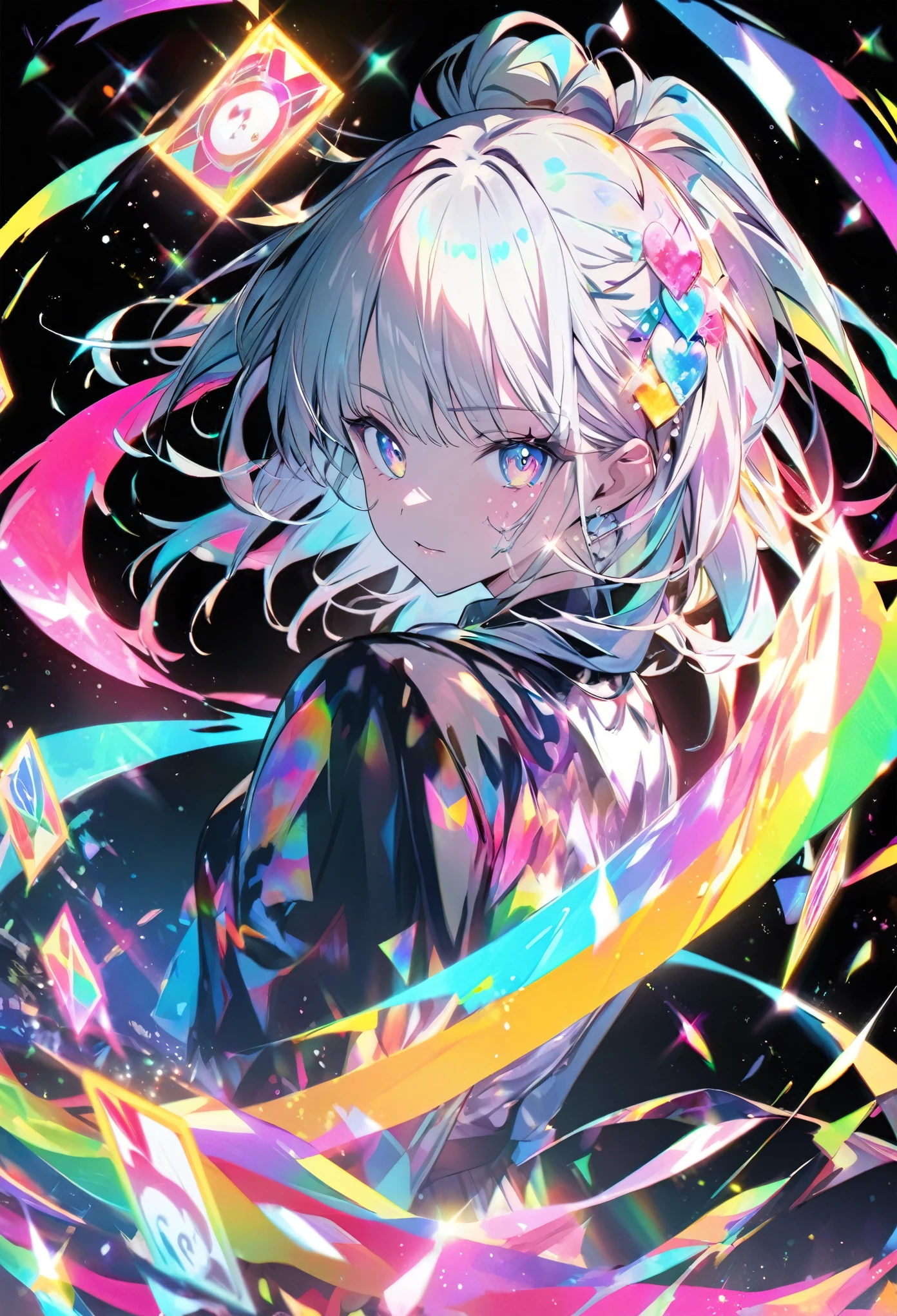 A high-quality hologram card depicting an anime-style girl, with glitter, mother-of-pearl, and a black background around the card, clear coloring, and colorful