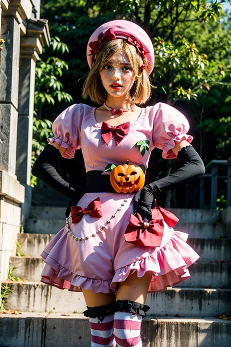 (masterpiece),(best quality), 16k CGI render ((photography)), photorealistic, lambdadelta, dress, shoes bow, red shoes, striped stockings, red bow, pink hat, pumpkin brooch, necklace, gloves, pearl, walking, smile, stairs, temple, mountain, forest, looking at the viewer, close up, pretty face, gorgeous, nice legs, 