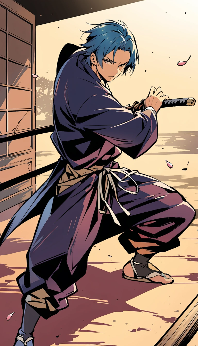 A samurai dressed in black stands in a Japanese garden with blooming cherry blossoms. He is holding a katana in a wide stance, looking out at the viewer.