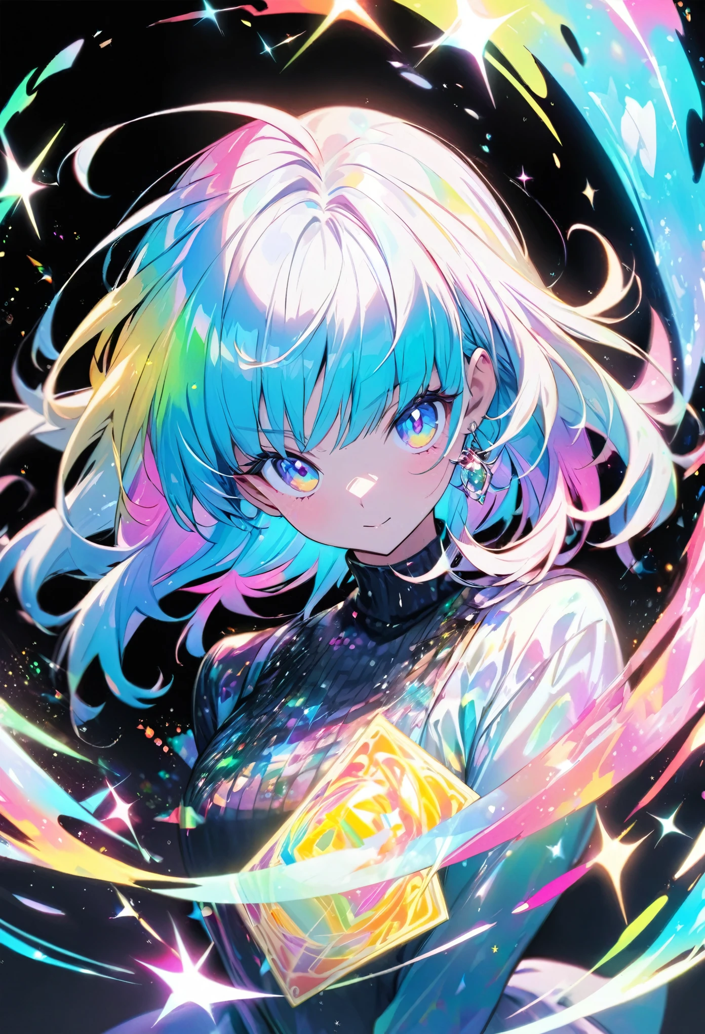 A high-quality hologram card depicting an anime-style girl, with glitter, mother-of-pearl, and a black background around the card, clear coloring, and colorful