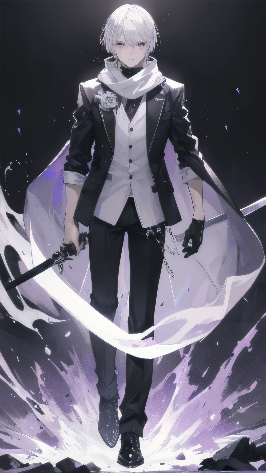 Man with silver hair, look handsome, white adventure cloth torn, black scarf, long black pants, purple eyes, standing alone in a dark, purple aura, holding a 2 sword in hands, badass.