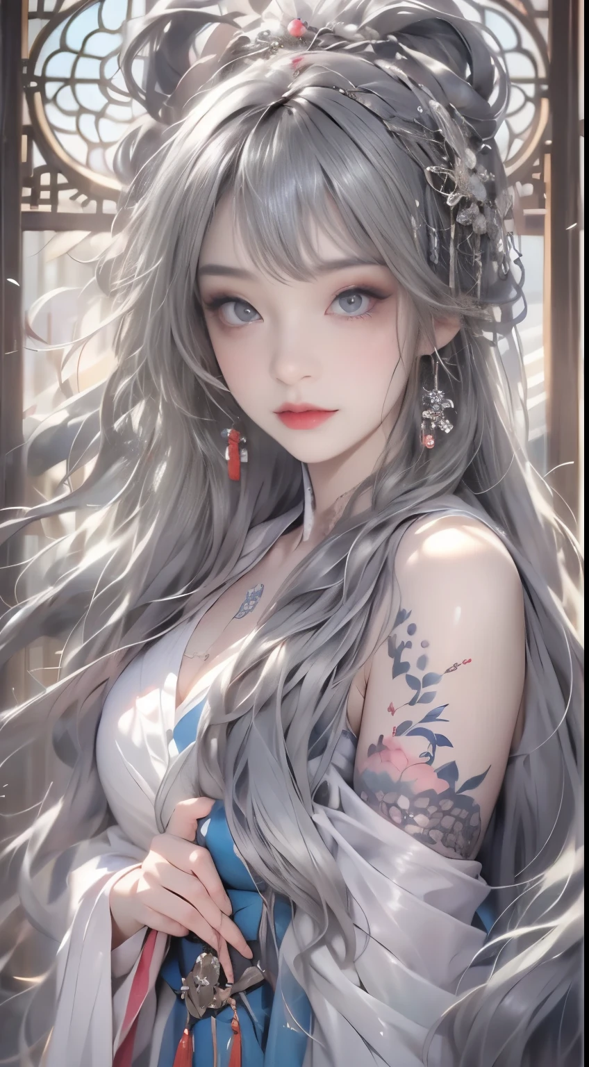 Realistic, High resolution, 1 female, Hip Up, Beautiful Eyes, Long Hair, The eyes are round, jewelry, tattoo, Hanfu, Chinese Fairy, Taoist Uniform、Great cleavage、(((Gray Hair)))